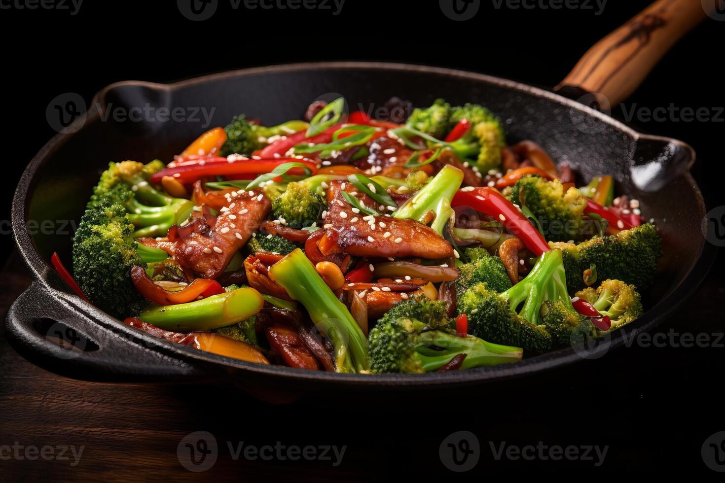 AI generated A hearty bacon and vegetable stir fry in a wok. Generative AI photo