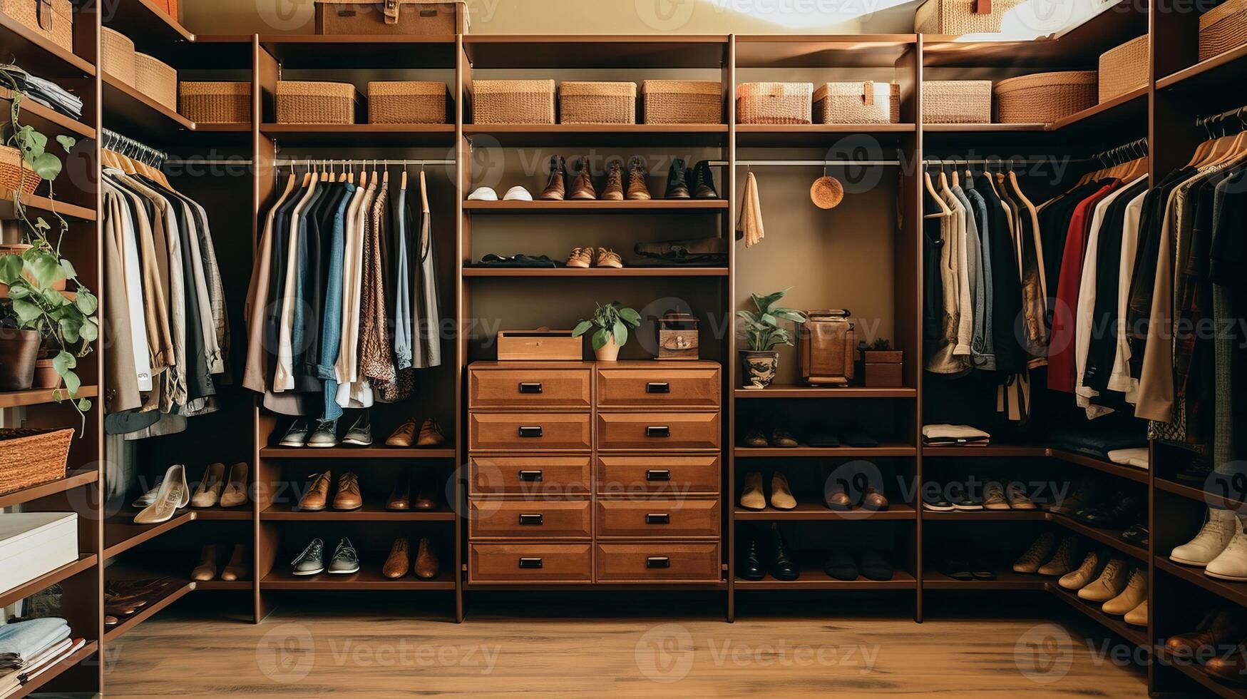 AI generated A clutter-free closet with shoes stored on shelves. Generative AI photo