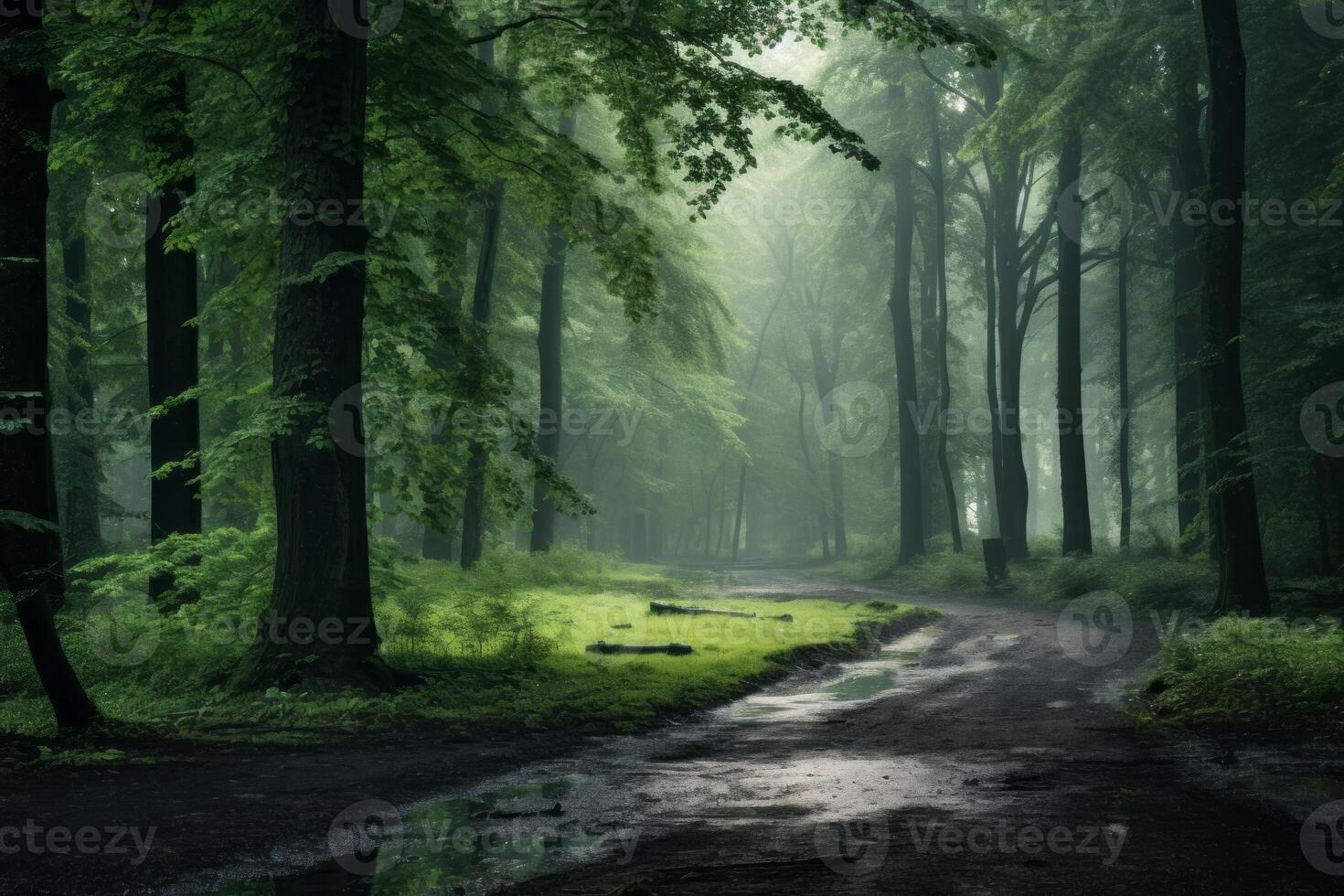 AI generated Serene forest after a light drizzle, leaves glistening. Generative AI photo