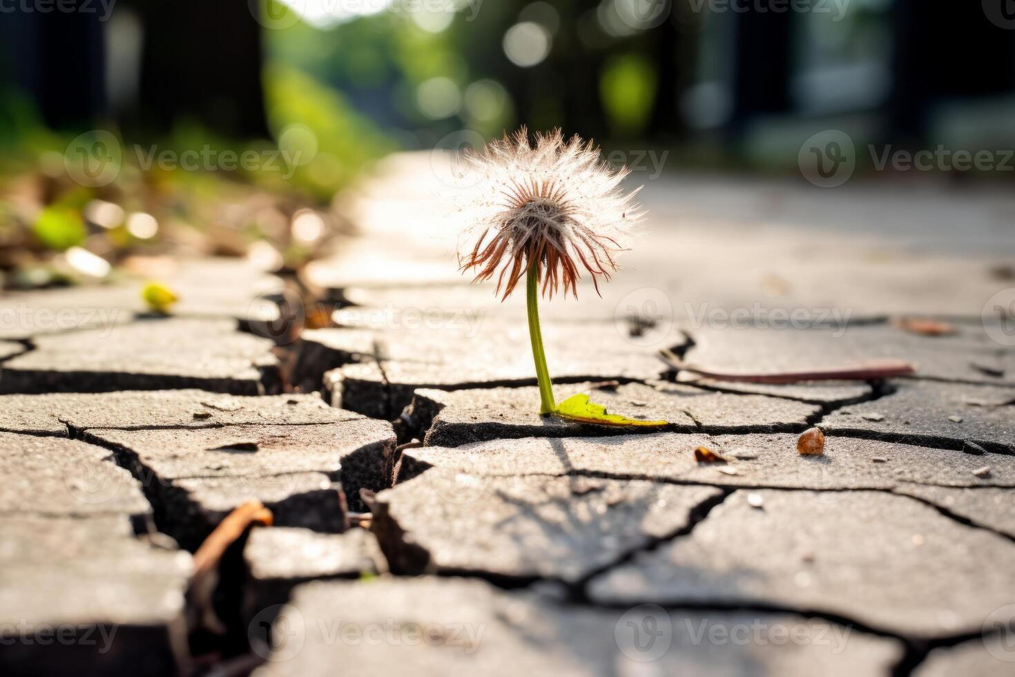 AI generated A close up of a resilient dandelion breaking through the cracks in a sidewalk. Generative AI photo
