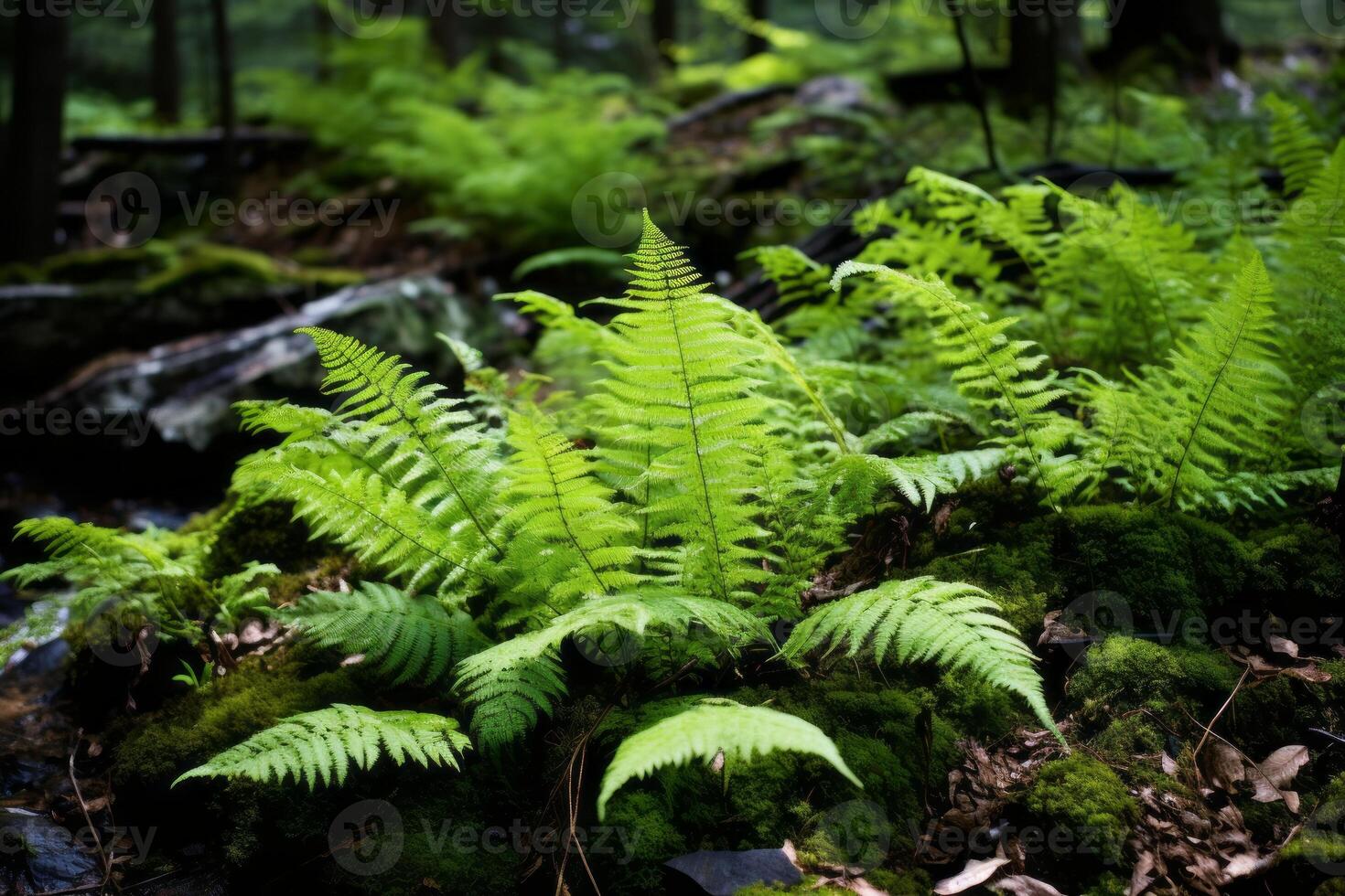 AI generated Lush green vegetation in a serene woodland setting. Generative AI photo