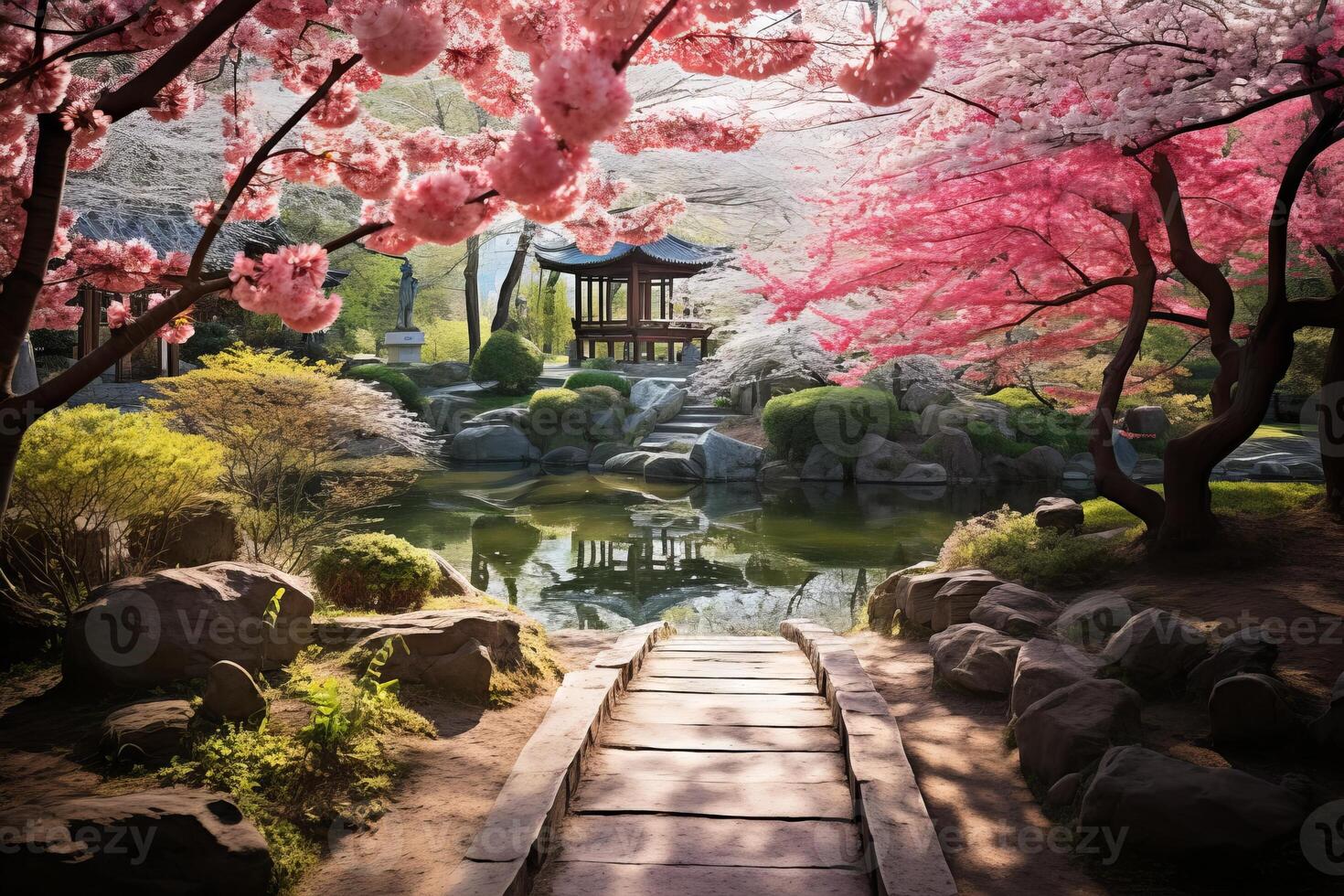 AI generated A serene garden with colorful afternoon blossoms. Generative AI photo