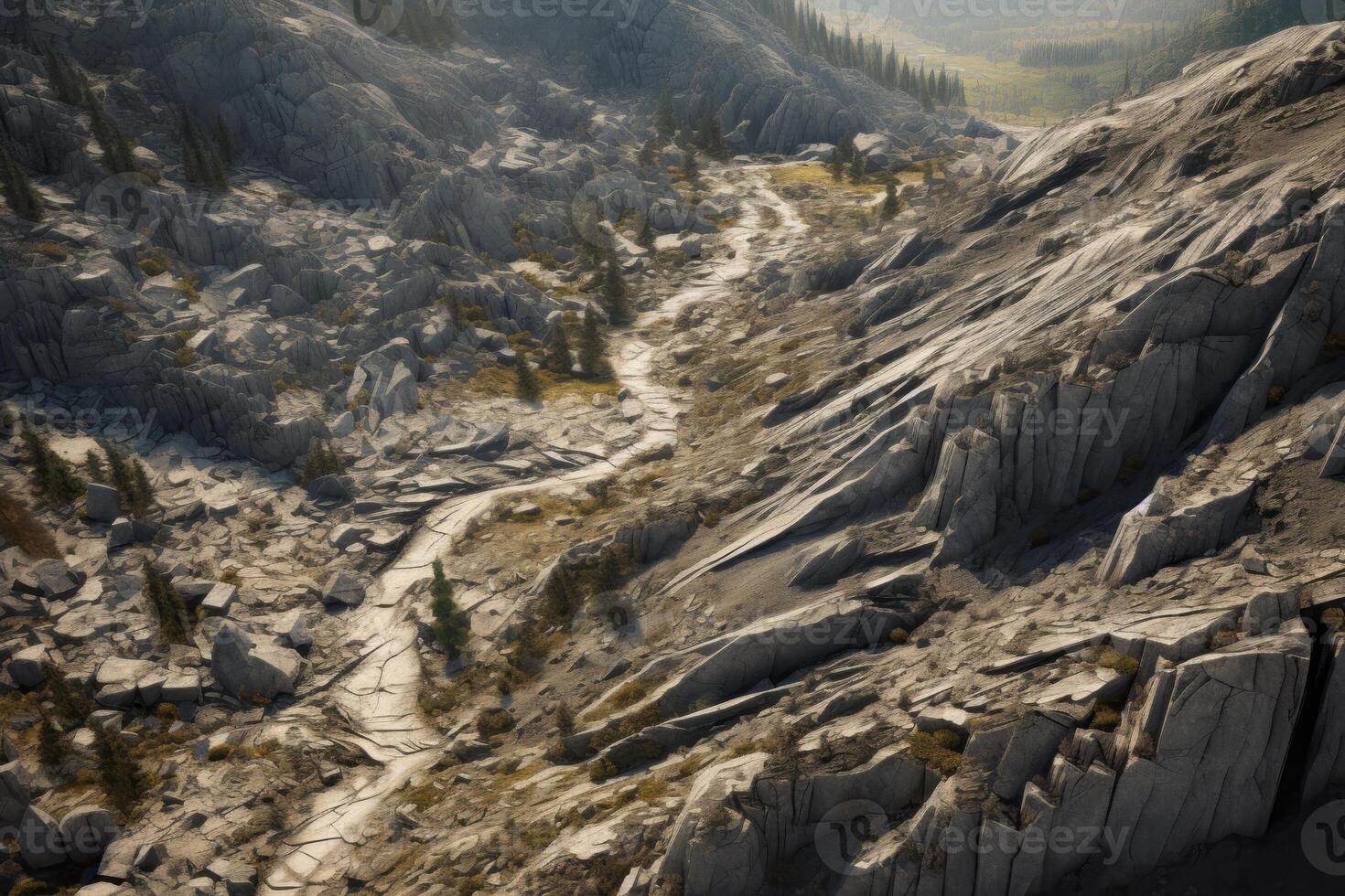 AI generated An aerial perspective of a desolate wilderness, marked by deep crevices. Generative AI photo