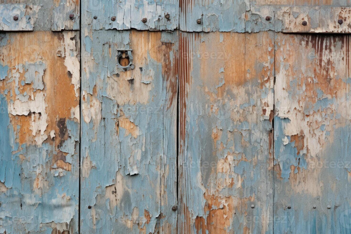 AI generated A close-up of a weathered wooden door with peeling paint. Generative AI photo