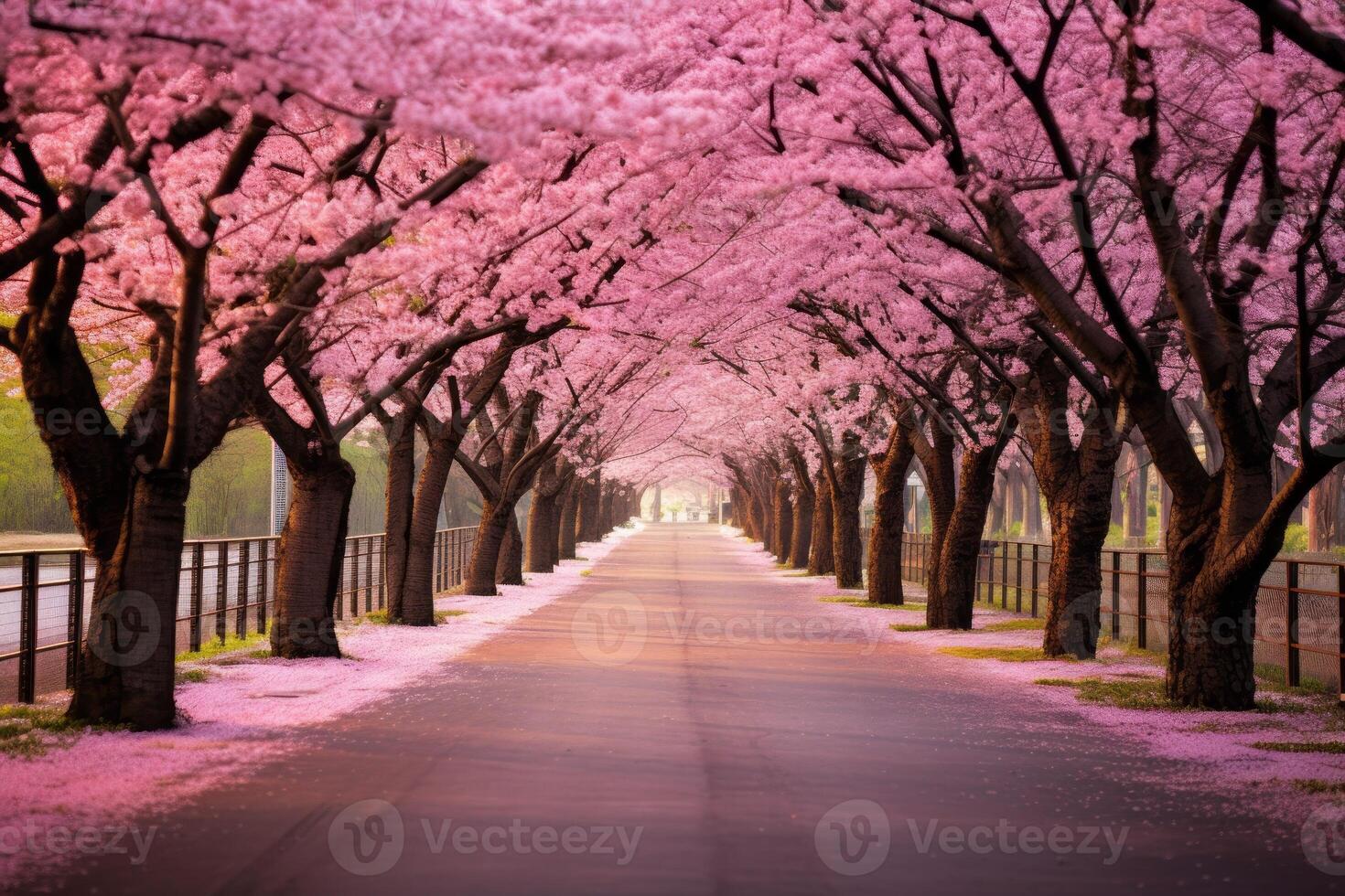 AI generated A road lined with cherry blossom trees in Japan, a symbol of renewal. Generative AI photo