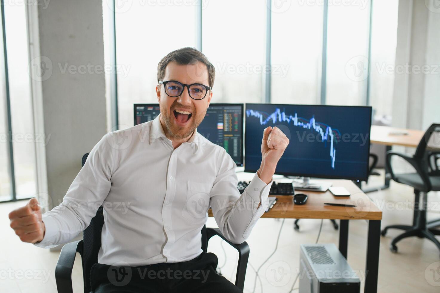 Successful trader in formalwear checking cryptocurrency information data on finance market graph, working in office photo