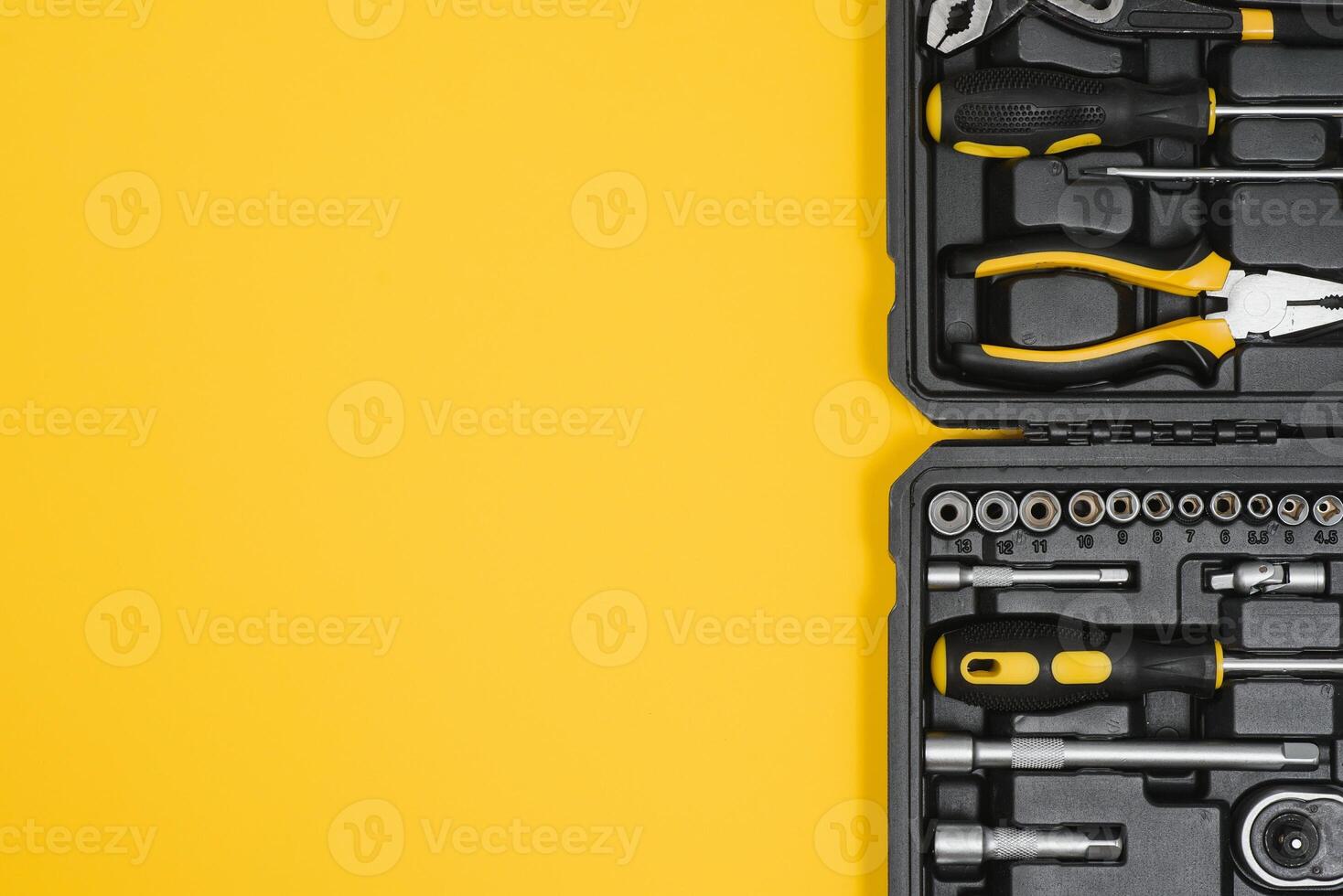 Box with set of tools for car repair, closeup photo