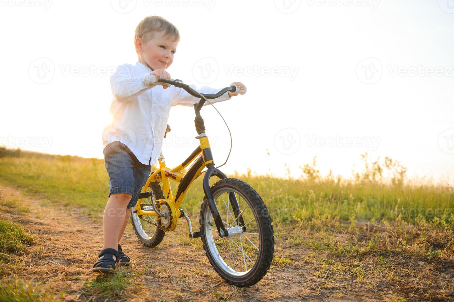 un hermoso chico con bicicleta en el verano campo. foto