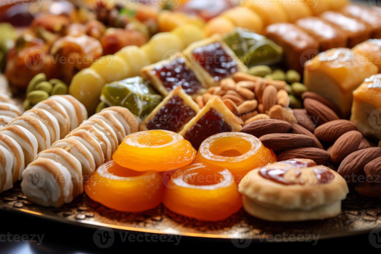 AI generated A close-up of Eid Al-Fitr sweets and pastries. Generative AI photo