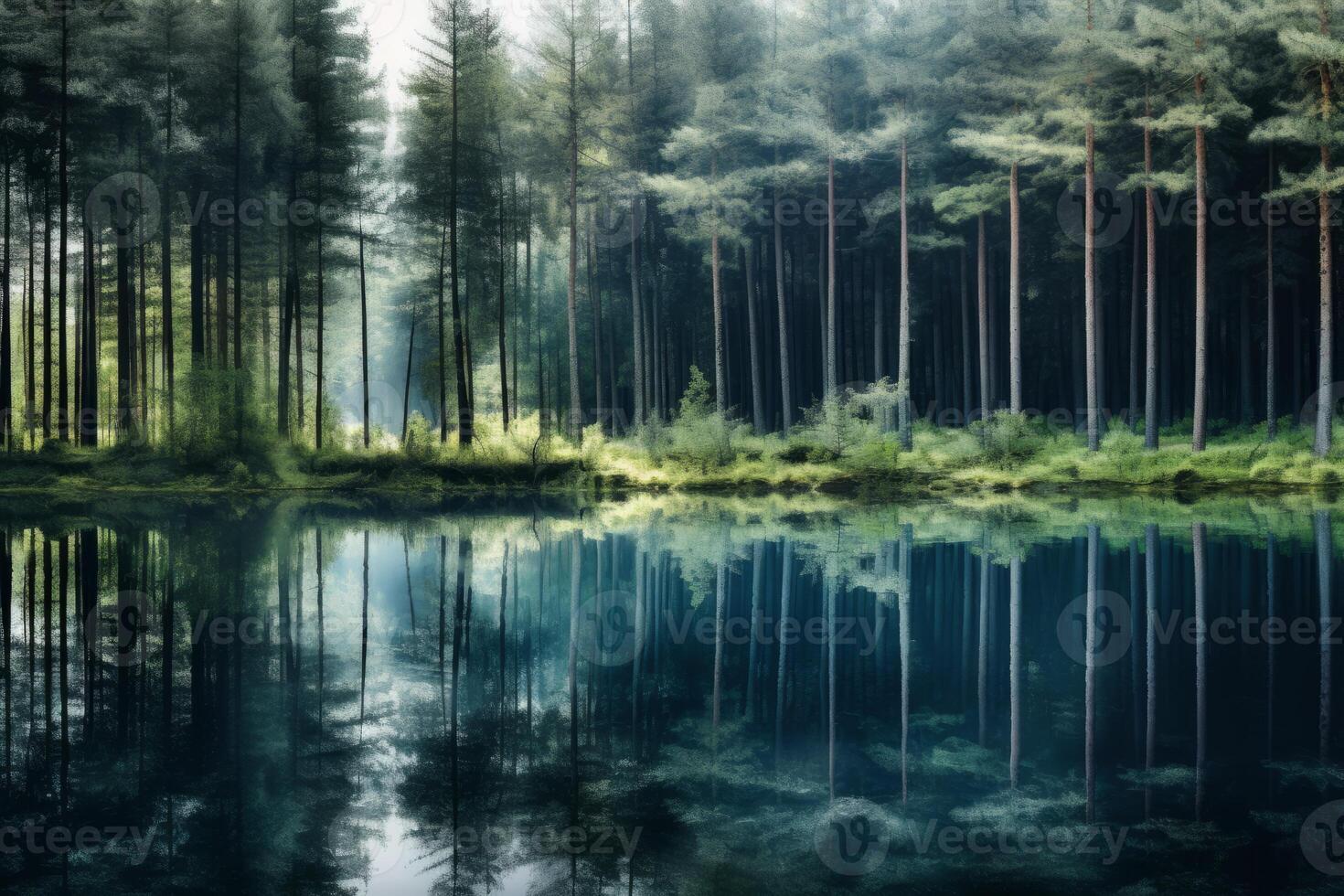 AI generated A tranquil reflection of a forest mirrored in the glassy waters of a lake. Generative AI photo