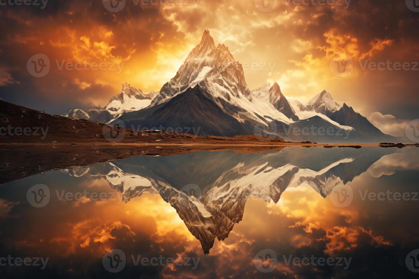 AI generated The reflection of a mountain in a golden lake. Generative AI photo