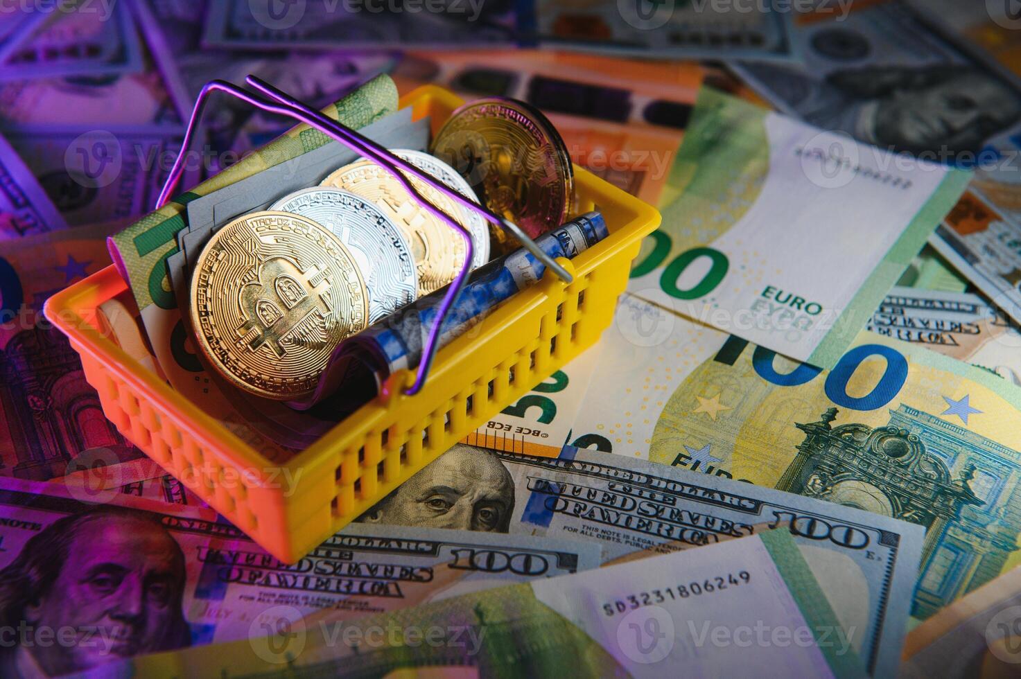 euro banknotes and coins, dollar banknotes with bitcoin. High quality photo. photo