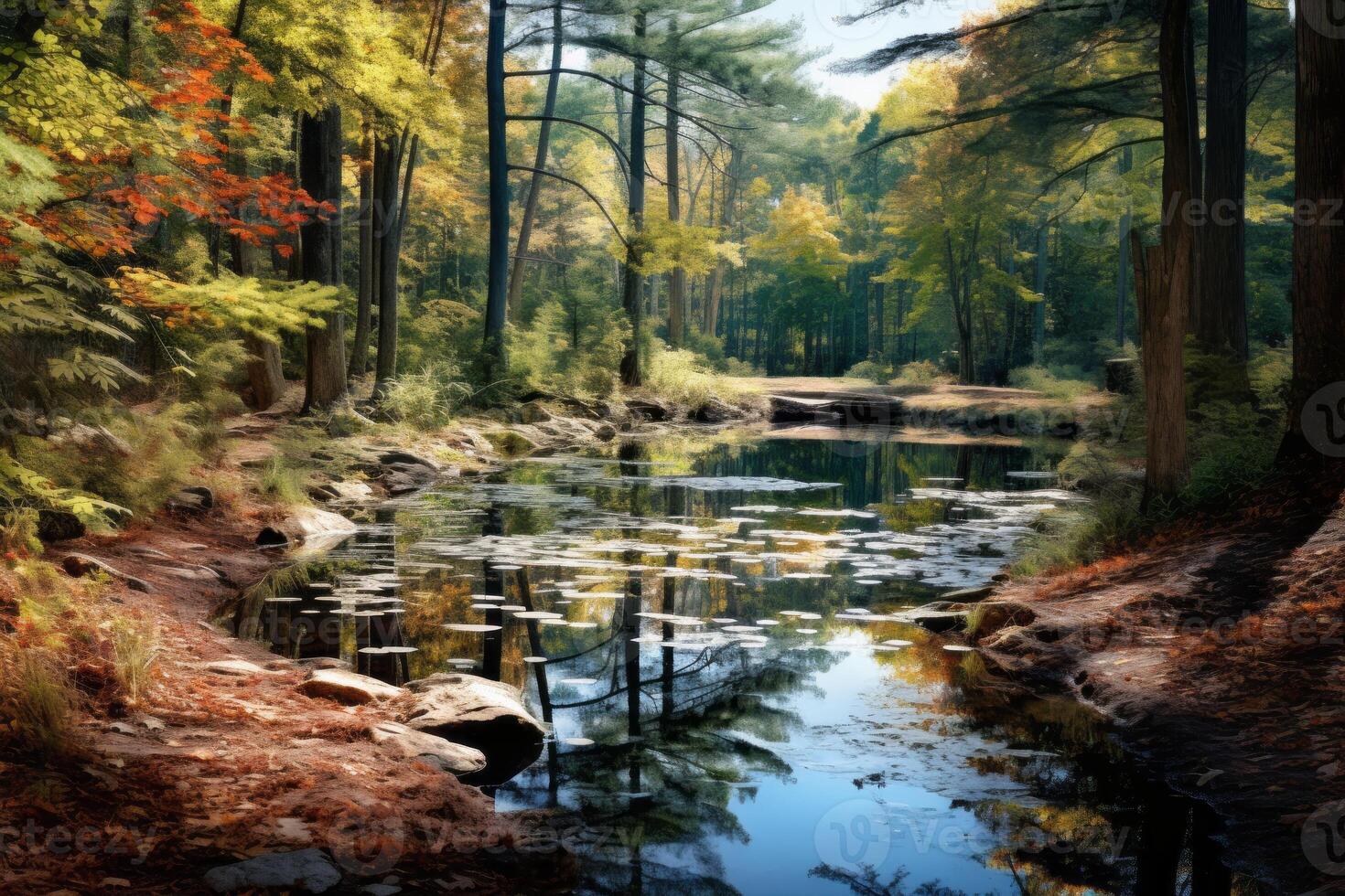 AI generated Serene forest stream painting capturing the beauty of nature. Generative AI photo