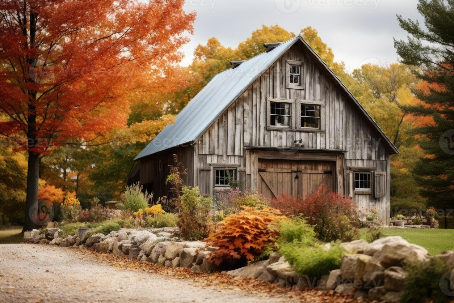 AI generated Rustic barn surrounded by colorful foliage. Generative AI photo