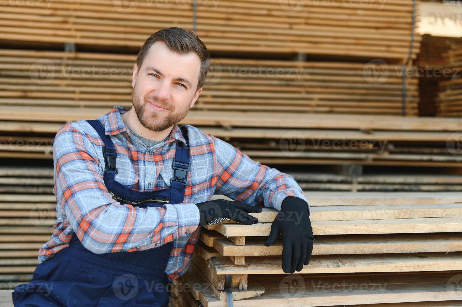 Joiner in uniform check boards on timber mill photo