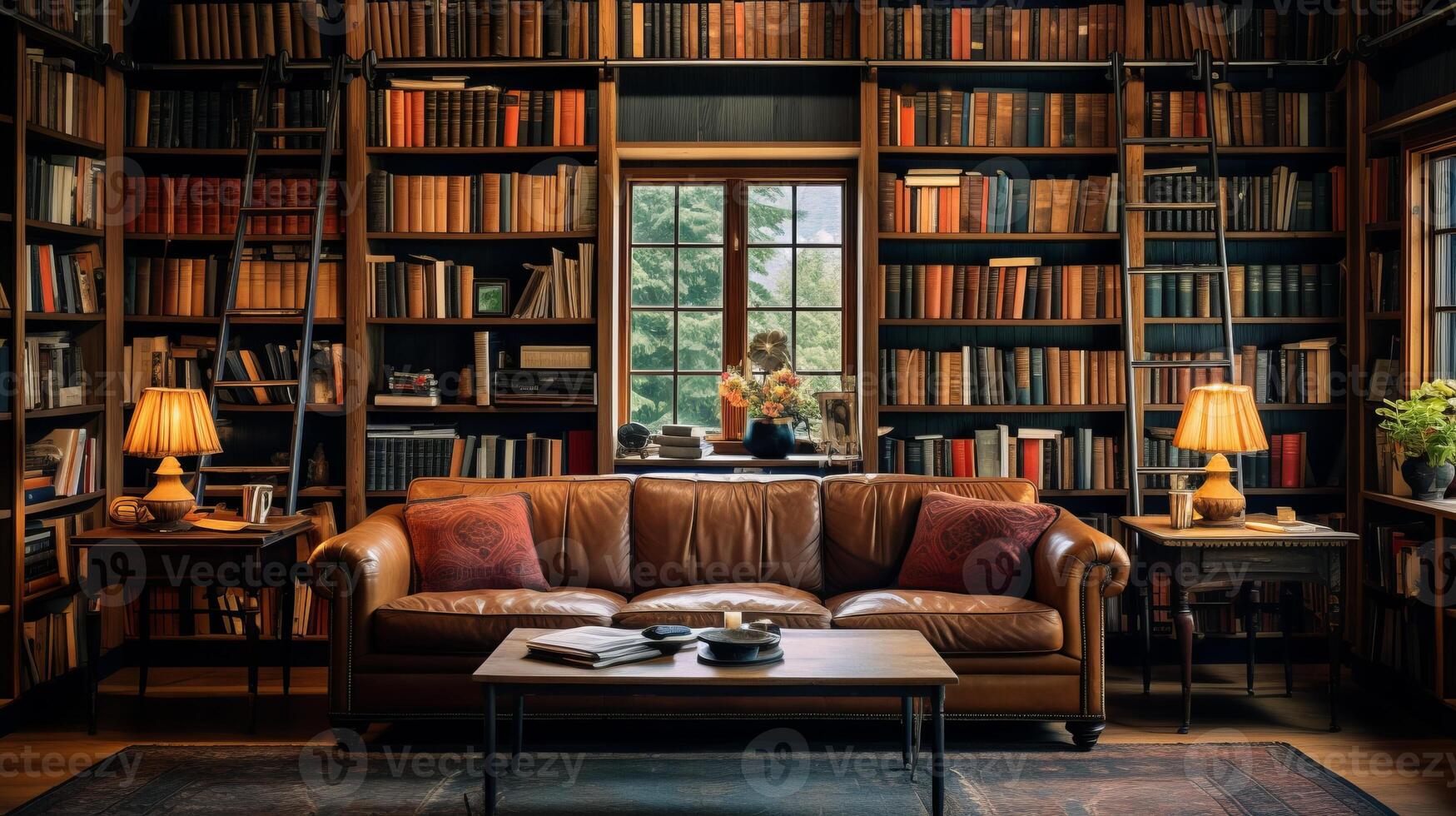 AI generated A well-arranged home library with books. Generative AI photo