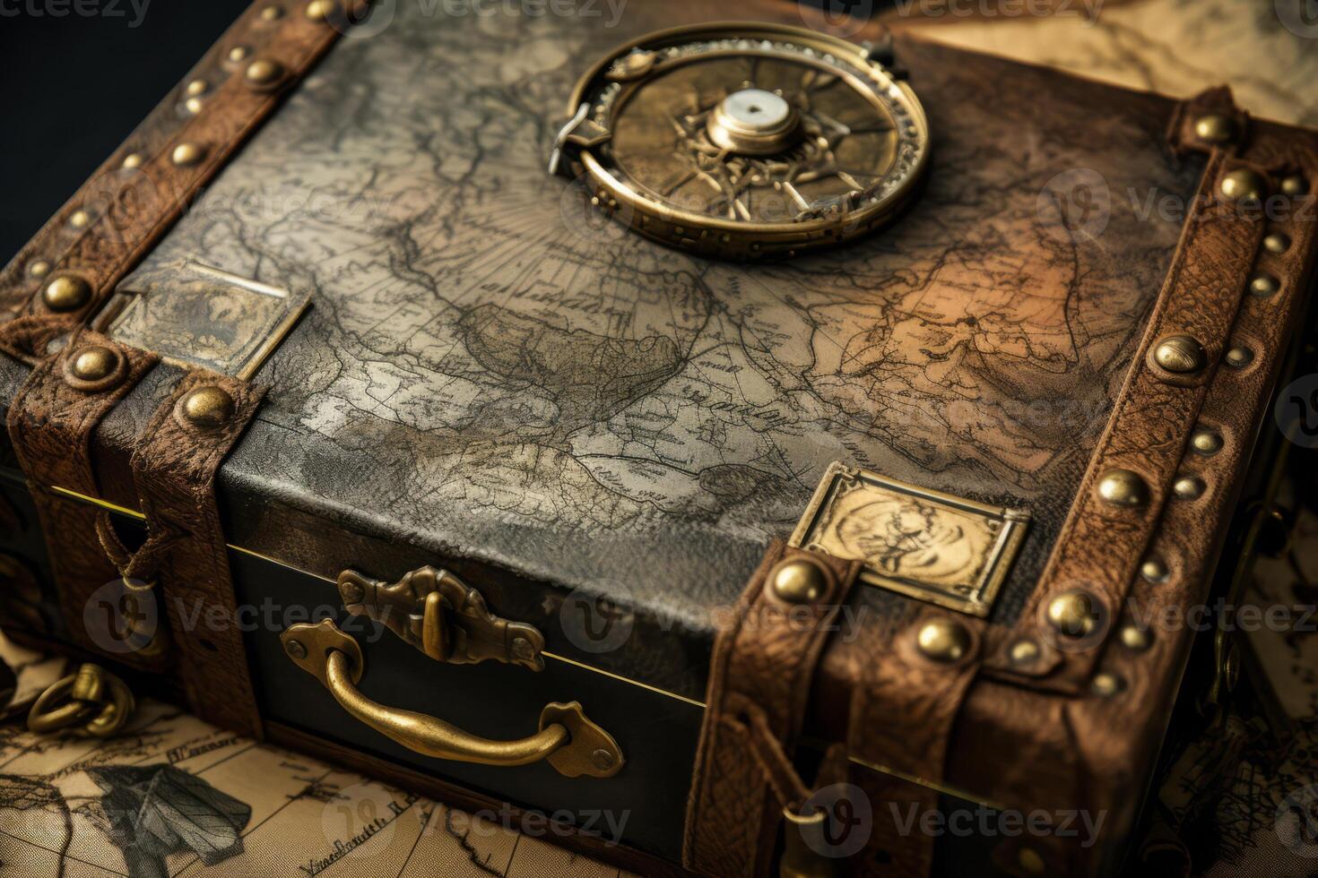 AI generated A close up of a pirate's weathered map case filled with navigational secrets and uncharted destinations. Generative AI photo