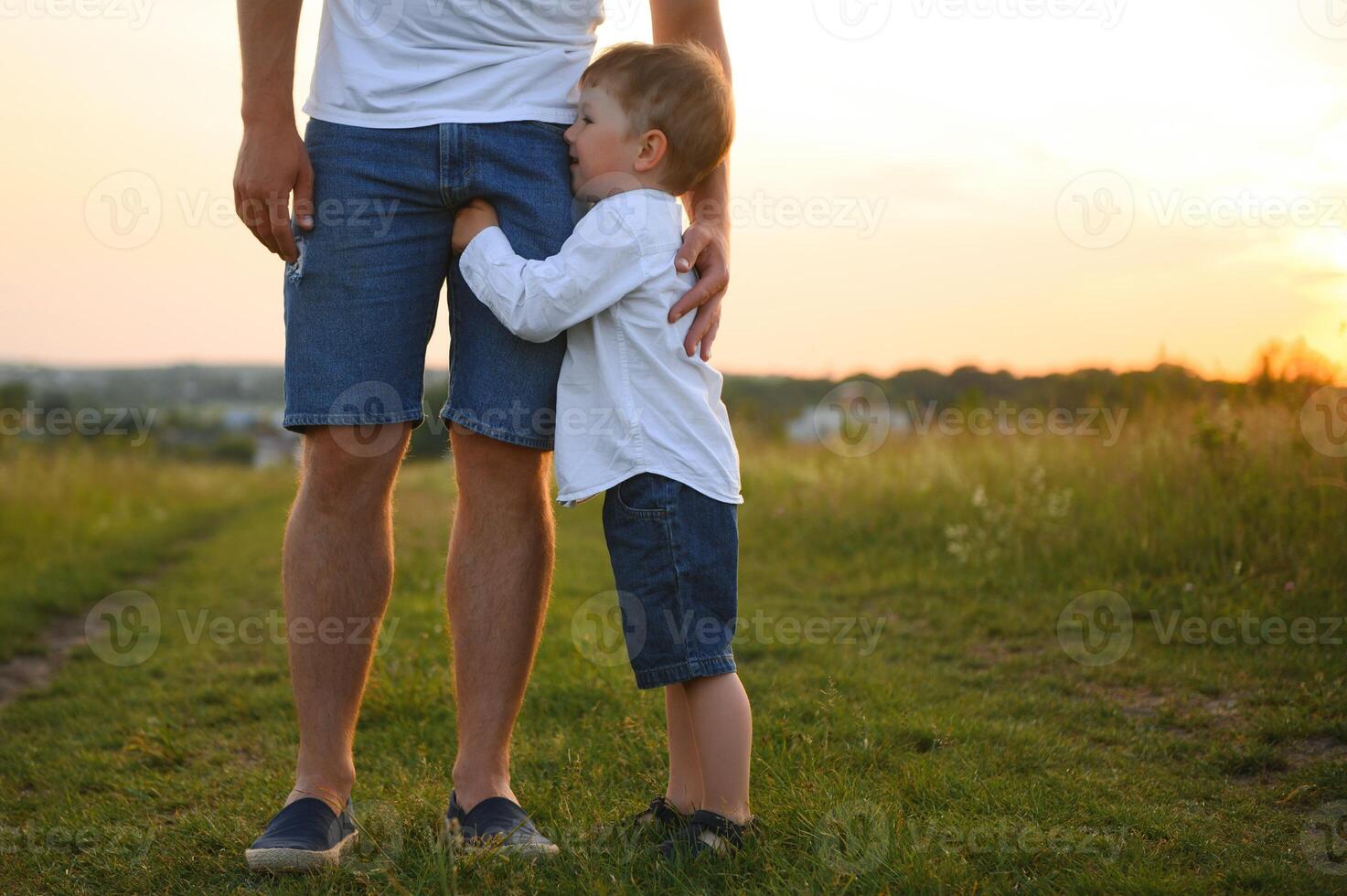 del padre día. contento familia padre y niñito hijo jugando y riendo en naturaleza a puesta de sol foto