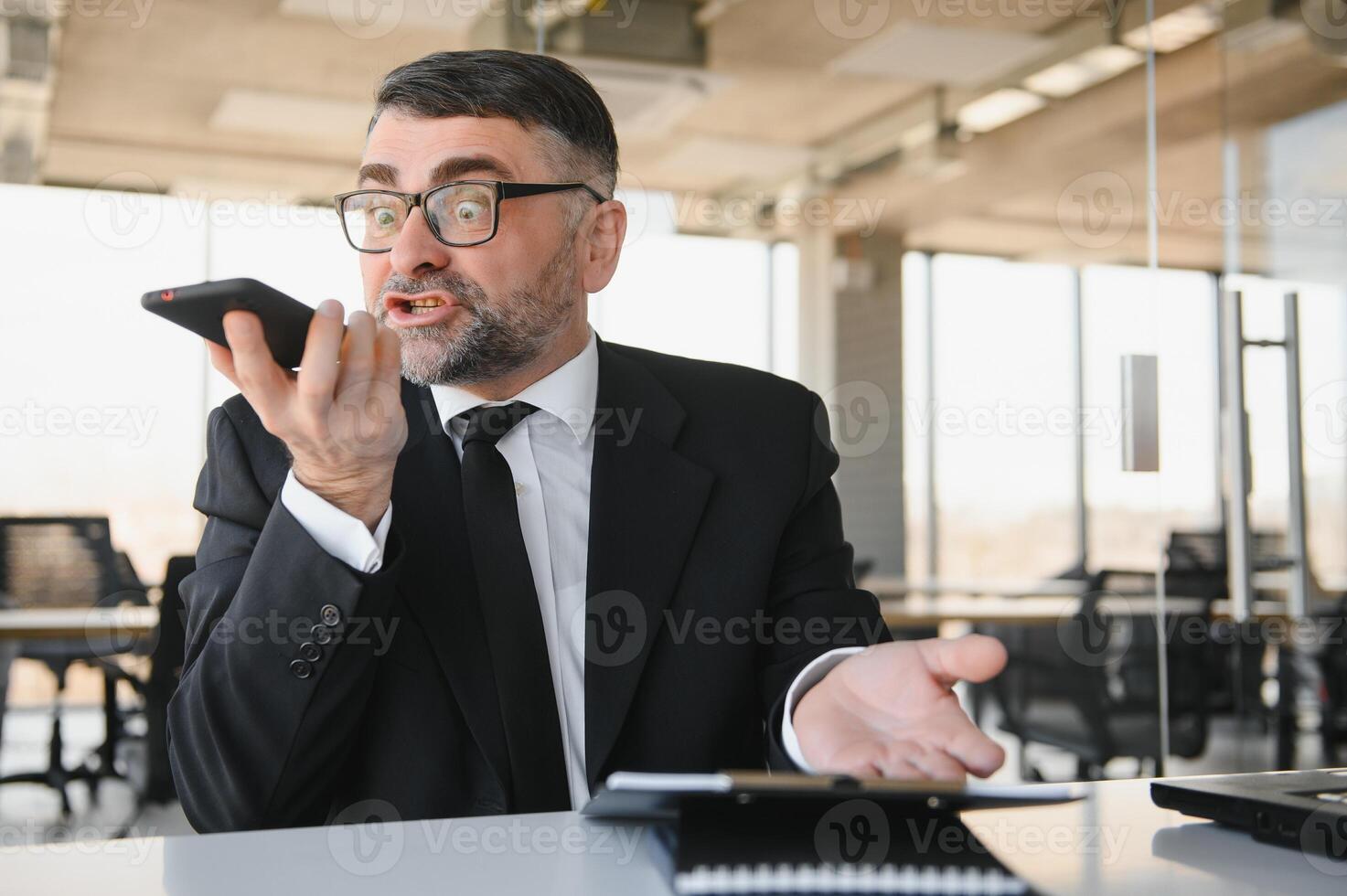 Corporate mad people yell authority tell speak with staff people person concept. Side profile view portrait of disappointed tired busy sad upset agent financier shouting on receiver in his hand photo