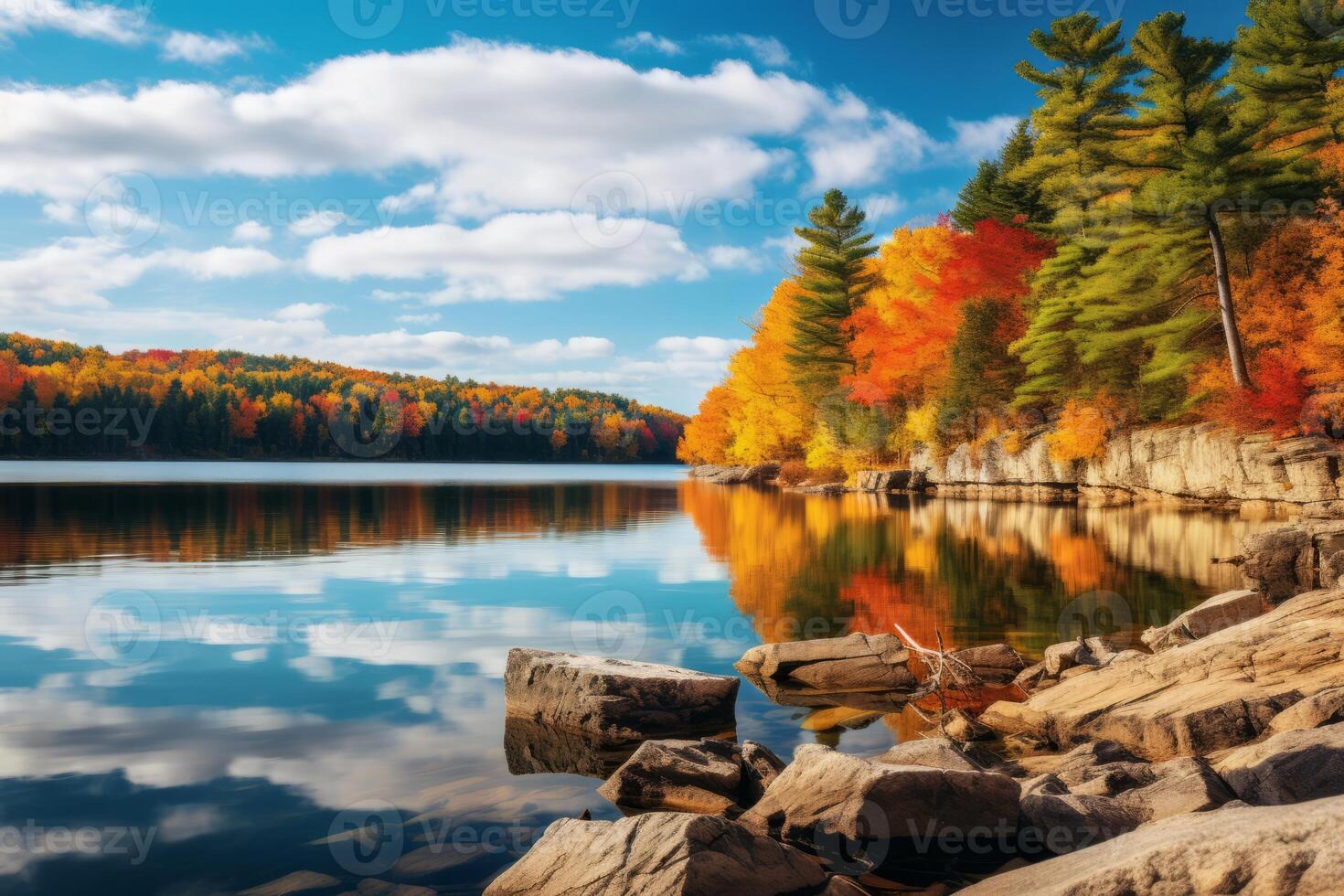 AI generated Scenic view of a lake surrounded by fall colors. Generative AI photo