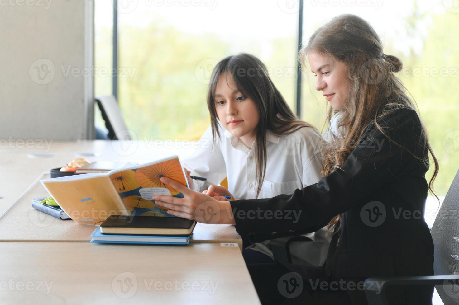 Smiling schoolgirls are talking about homework at the desk in the class. photo