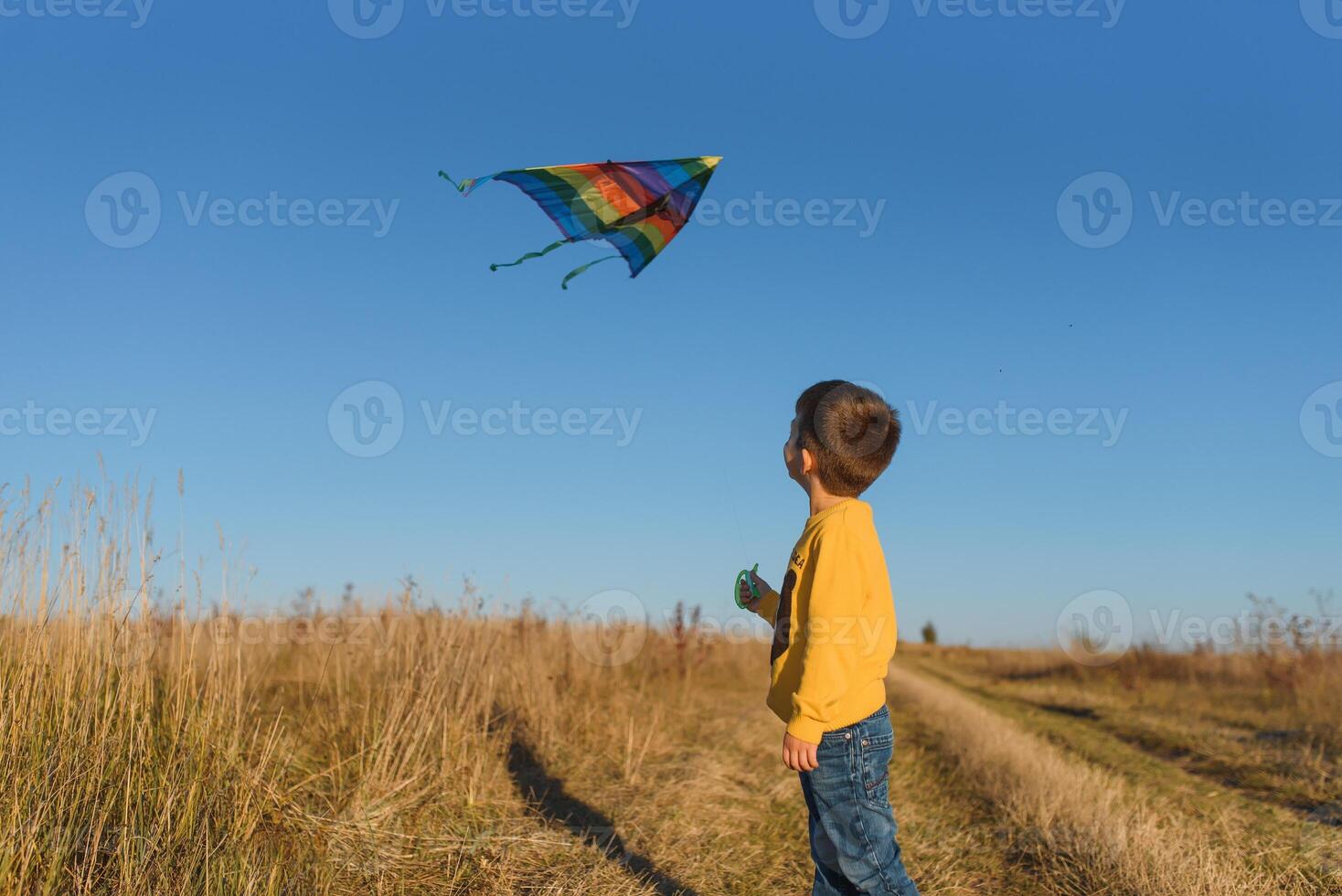 Little boy with kite flying over his head photo