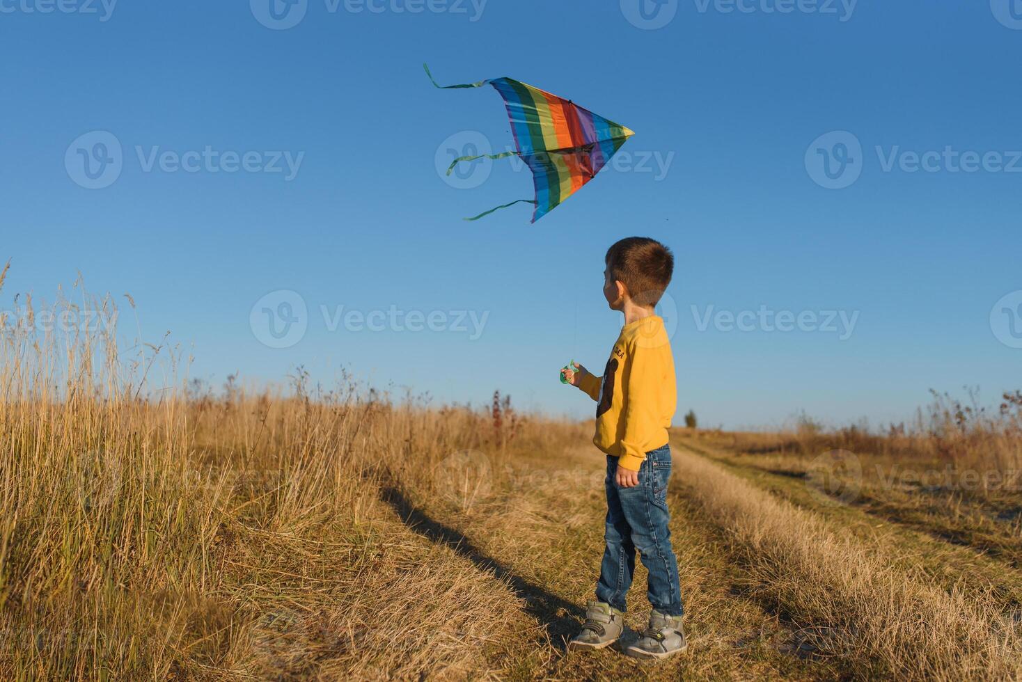 Happy child playing with a kite while running on meadow, sunset, in summer day. Funny time with family. Little boy launch a kite. photo