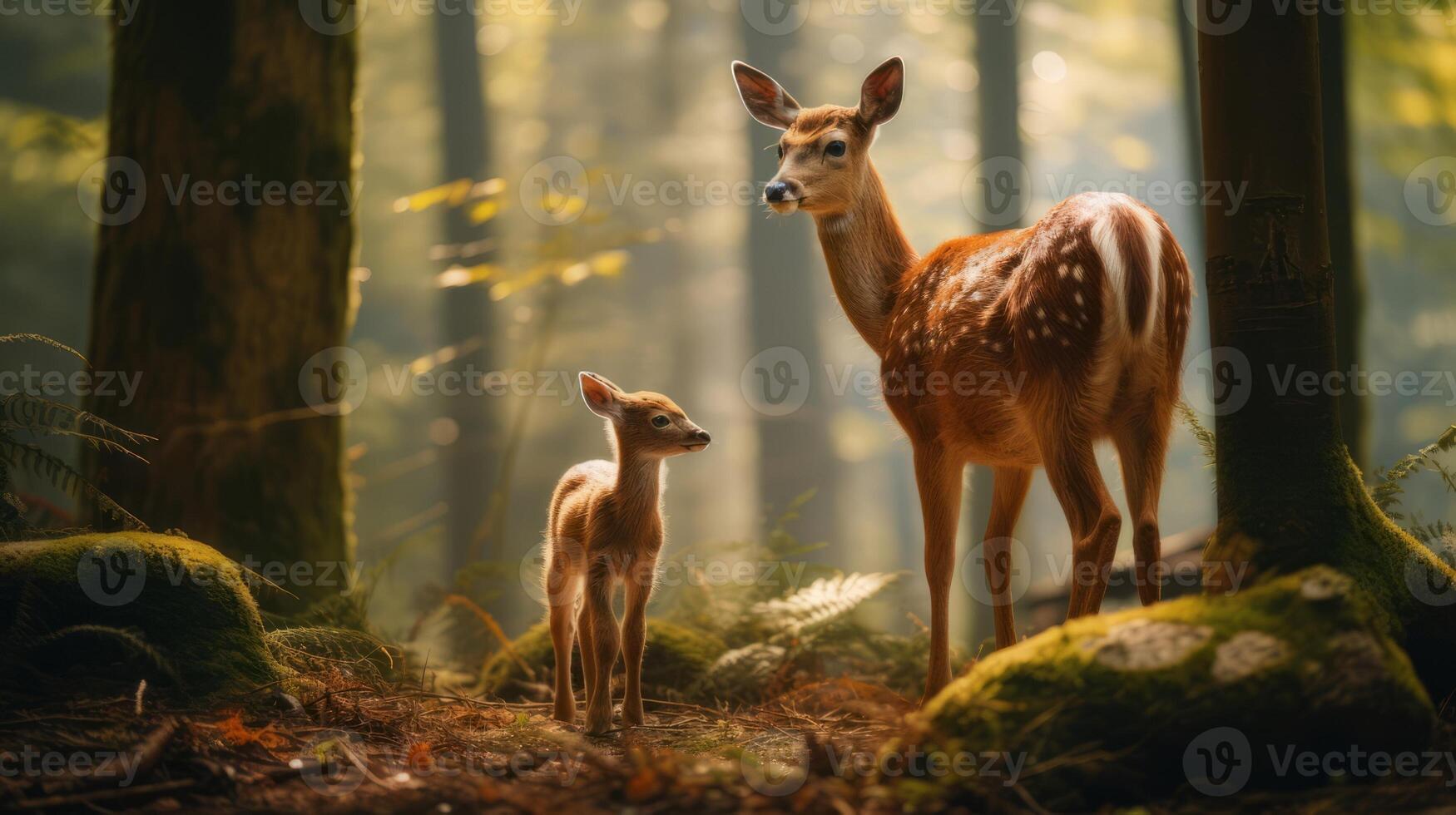 AI generated A couple of deer standing next to each other in a forest. Generative AI photo