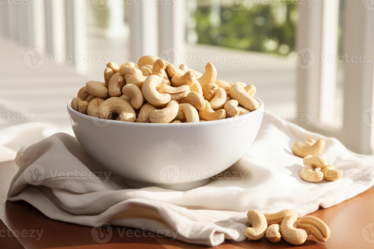 AI generated Cashews in a white ceramic bowl with a cloth napkin. Generative AI photo
