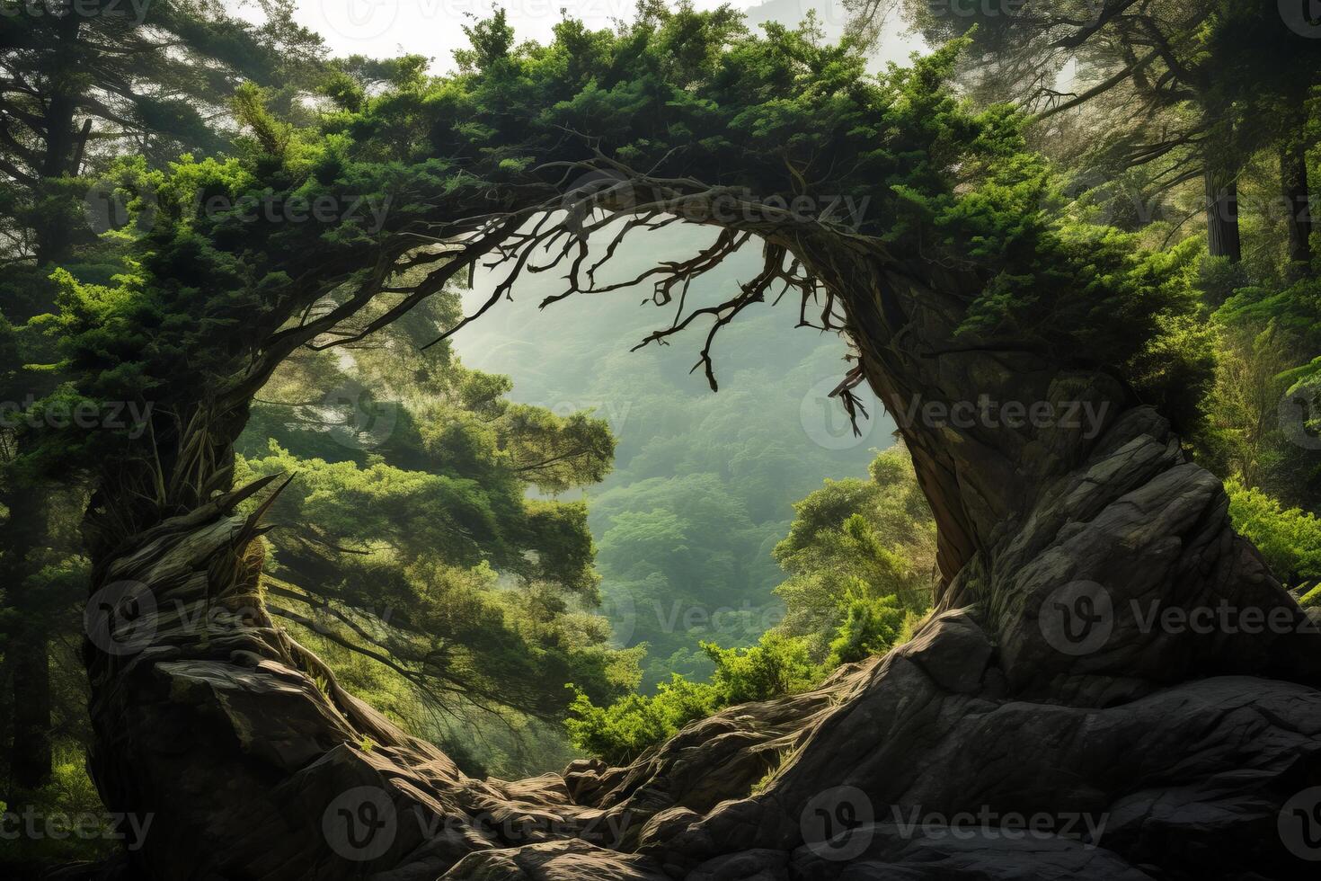 AI generated Evergreen branches forming a natural arch. Generative AI photo