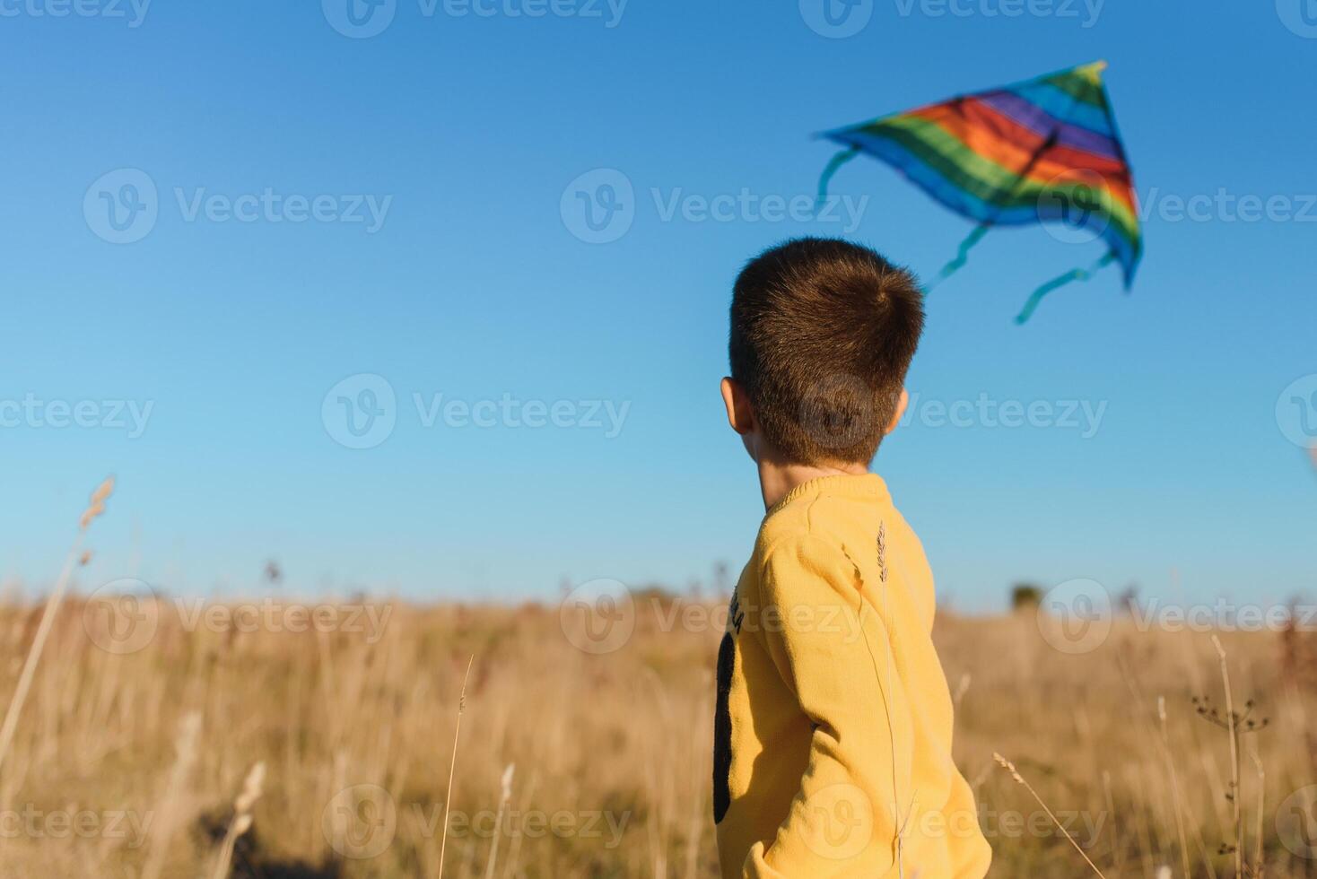 Little boy with kite flying over his head photo