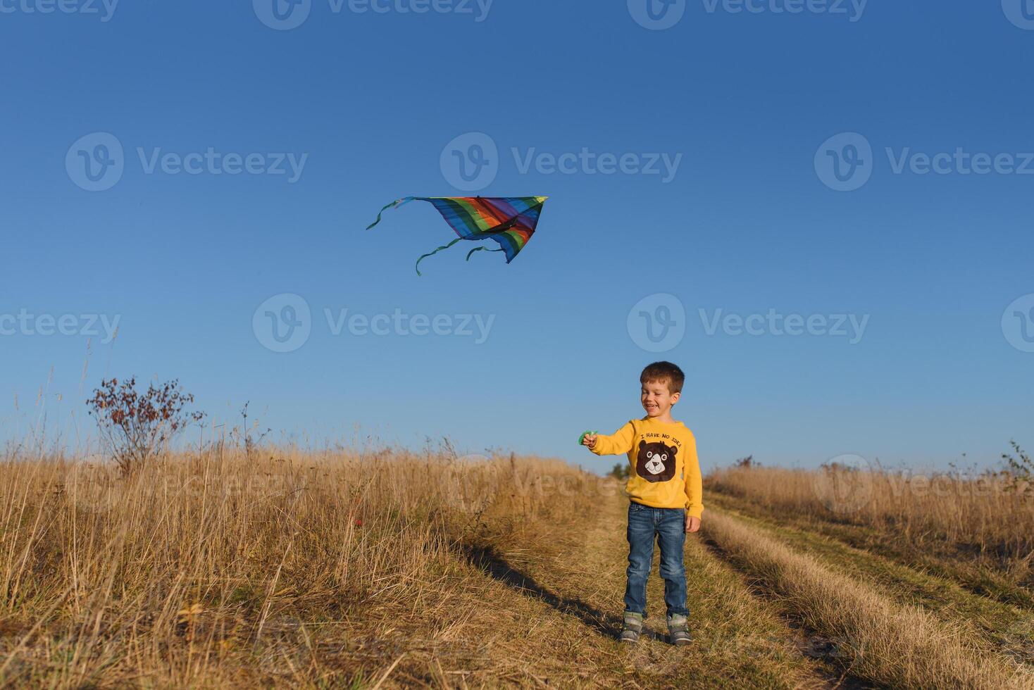 Happy child playing with a kite while running on meadow, sunset, in summer day. Funny time with family. Little boy launch a kite. photo