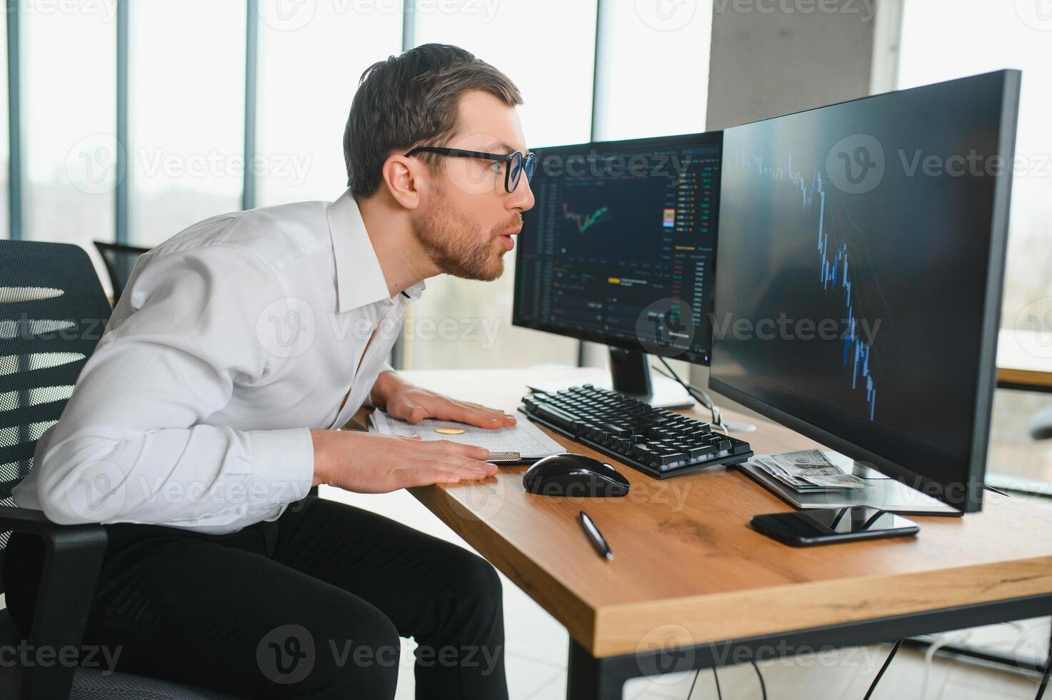 Stressed business man crypto trader broker investor analyzing stock exchange market crypto trading decreasing chart data fall down loss, desperate about losing money of crisis, recession, inflation. photo