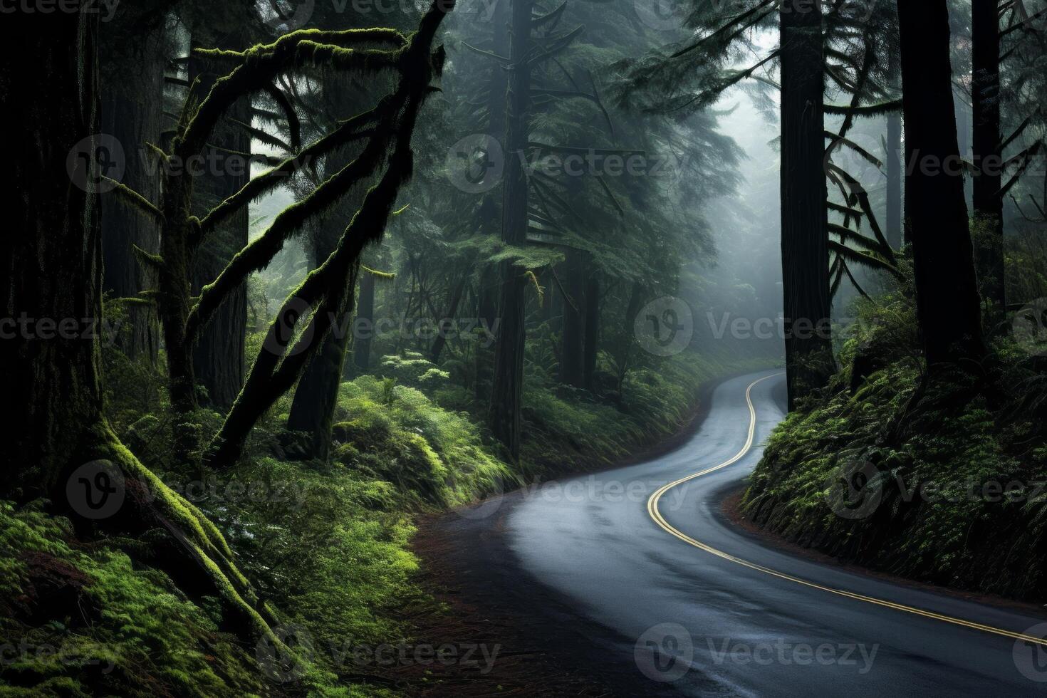 AI generated A winding road through a scenic coastal forest, inviting exploration. Generative AI photo