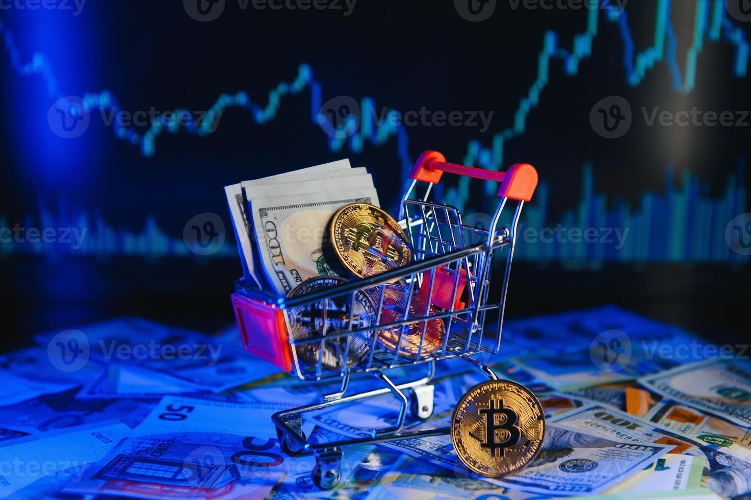 Close up heap of golden bitcoin physical coins on top of Euro, dollar banknotes background, high angle view, selective focus photo