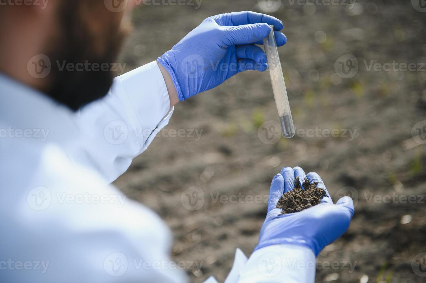 Laboratory worker holding professional glassware and testing black soil after harvest in the field photo