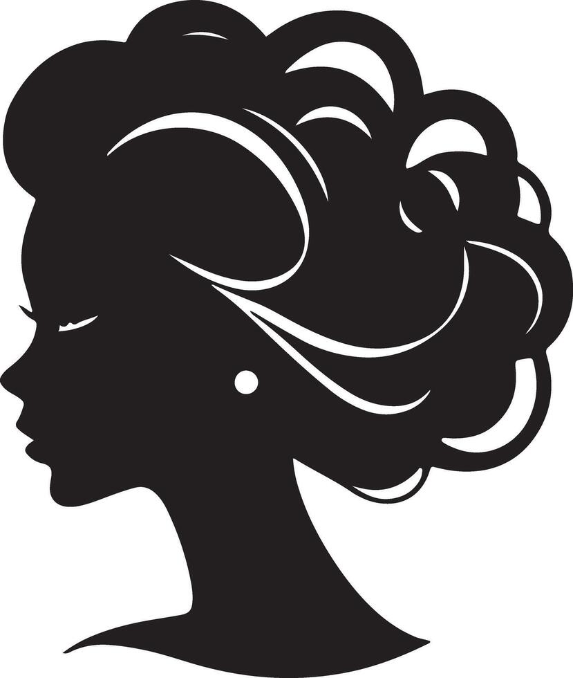 decorativo Moda niña para belleza salón diseño. hermosa mujer silueta. joven niña con ondulado grueso cabello. vector pelo estilo icono