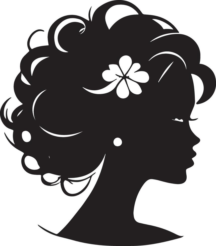 decorativo Moda niña para belleza salón diseño. hermosa mujer silueta. joven niña con ondulado grueso cabello. vector pelo estilo icono