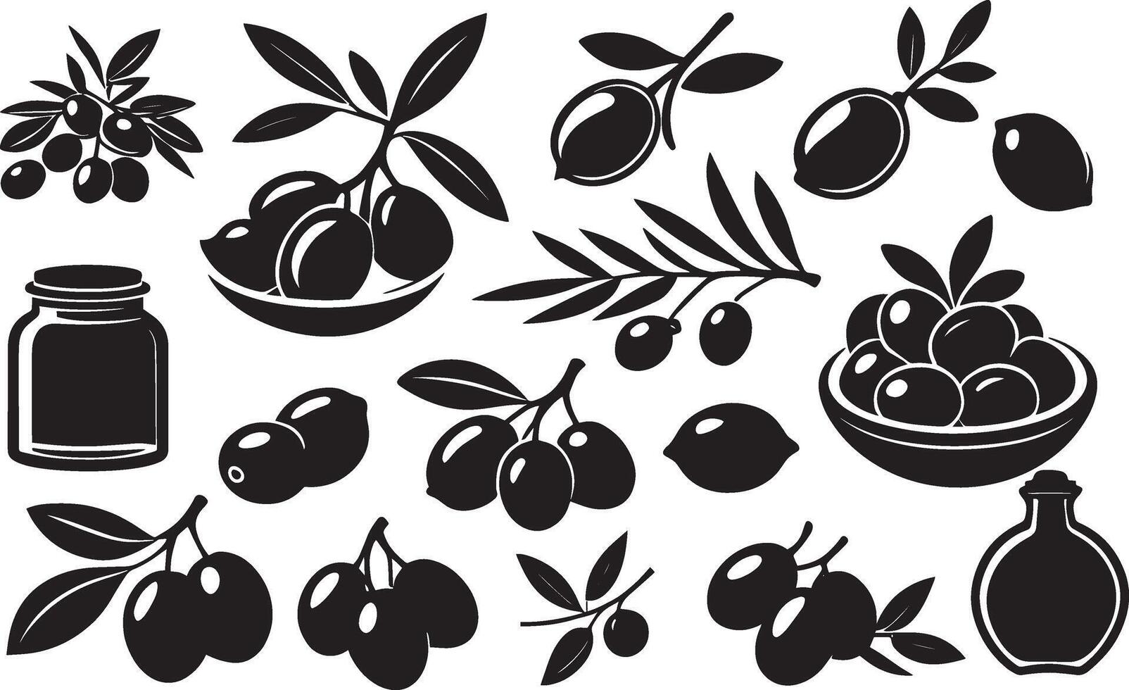 Olive vector icon, oil bottle . Mediterranean olive fruits, leaf branch, black silhouettes isolated on white background. Food illustration