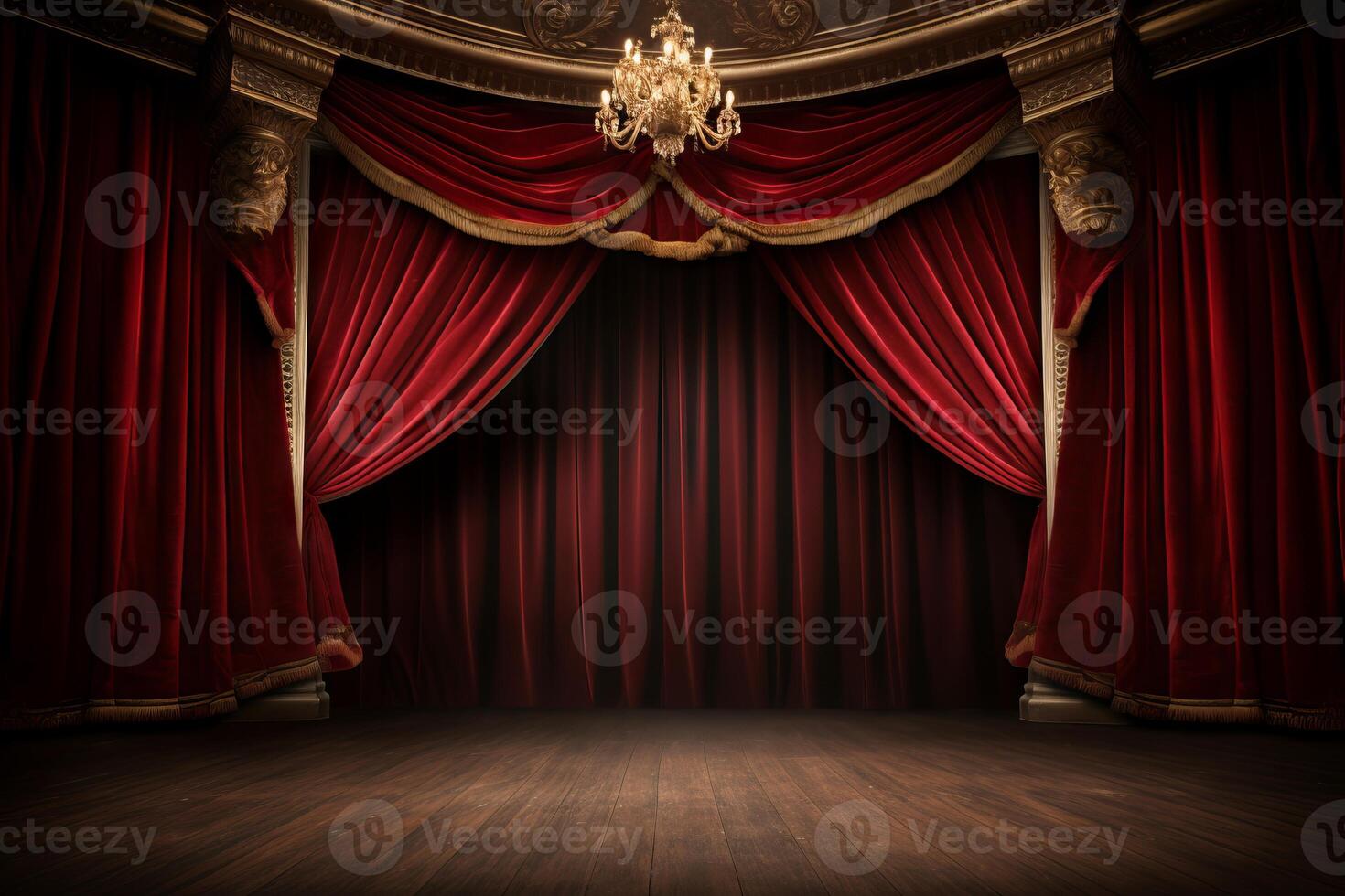 AI generated Theater curtains opening to reveal a show. Generative AI photo