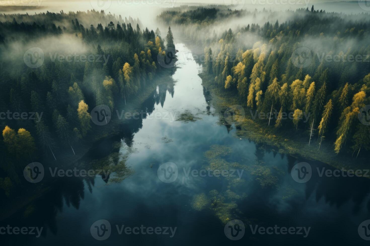 AI generated Aerial perspective of a pristine forest with a serene, reflective lake. Generative AI photo