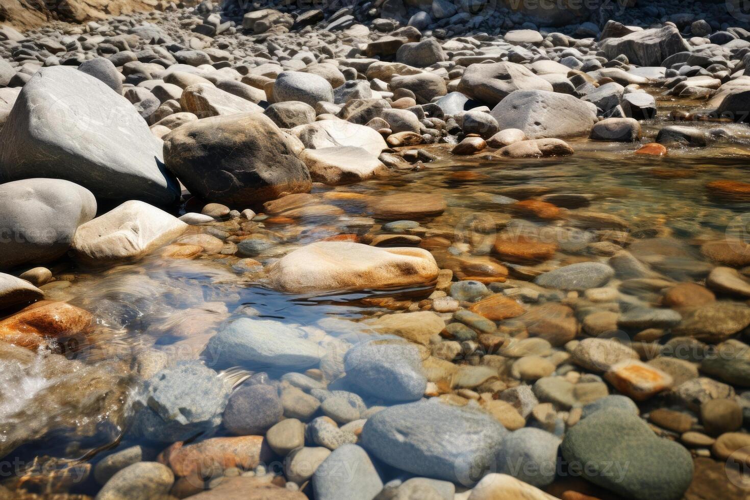 AI generated Rocky riverbed with clear water flowing over textured stones. Generative AI photo