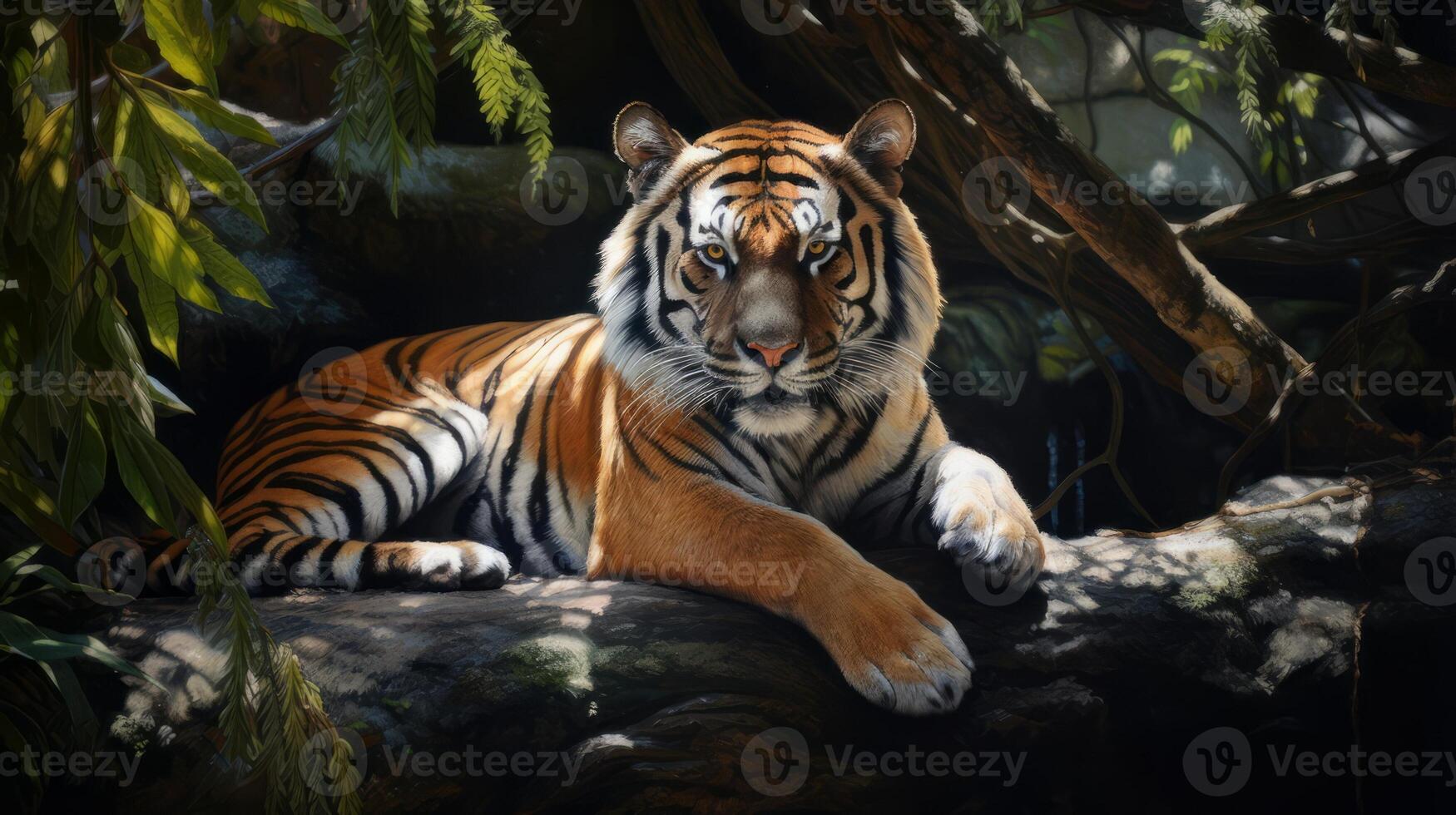 AI generated A painting of a tiger laying on a rock. Generative AI photo