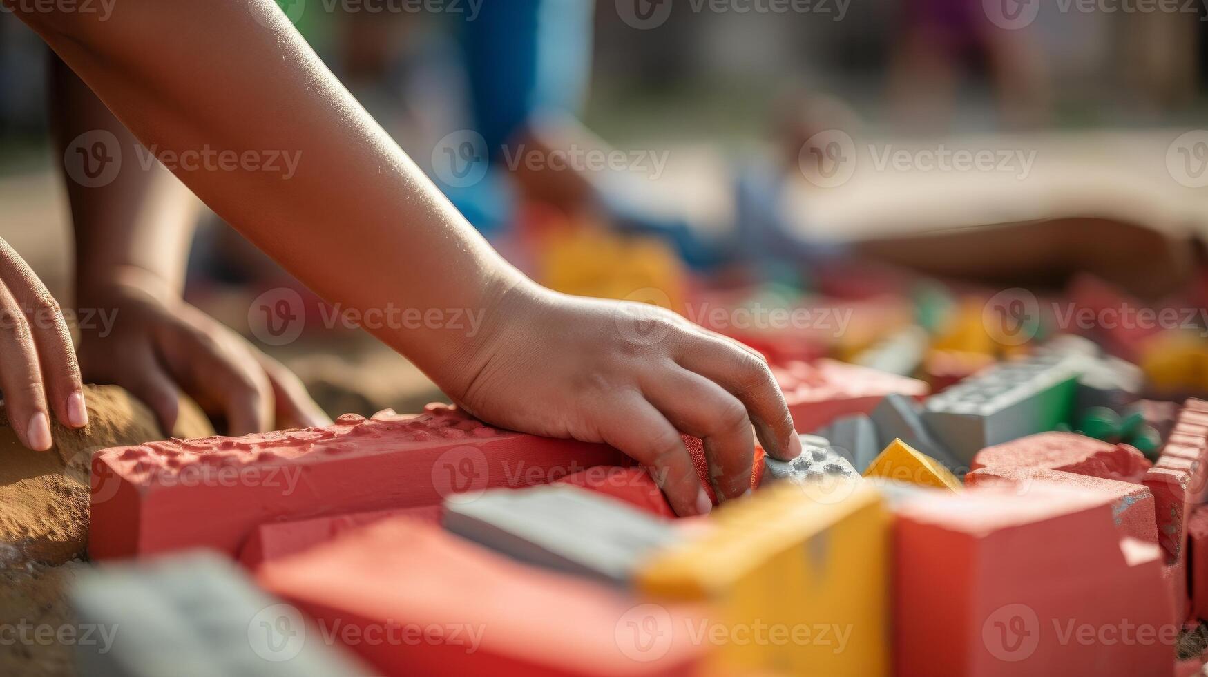 AI generated Close-up of hands building a playground in a disadvantaged neighborhood. Generative AI photo
