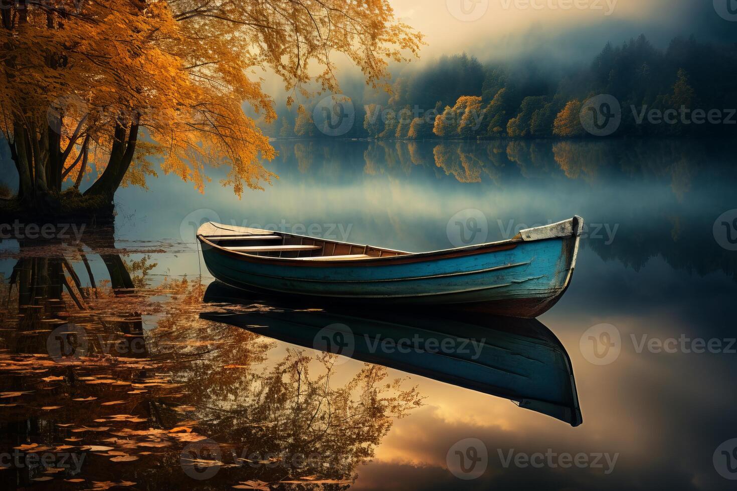 AI generated Reflection of a boat in still lake waters. Generative AI photo