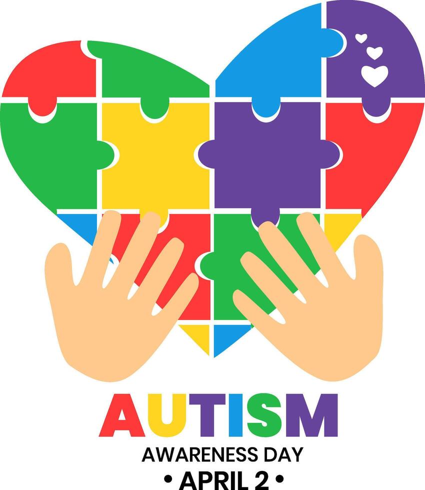 Heart puzzle symbol world autism awareness day with hands illustration poster background design vector