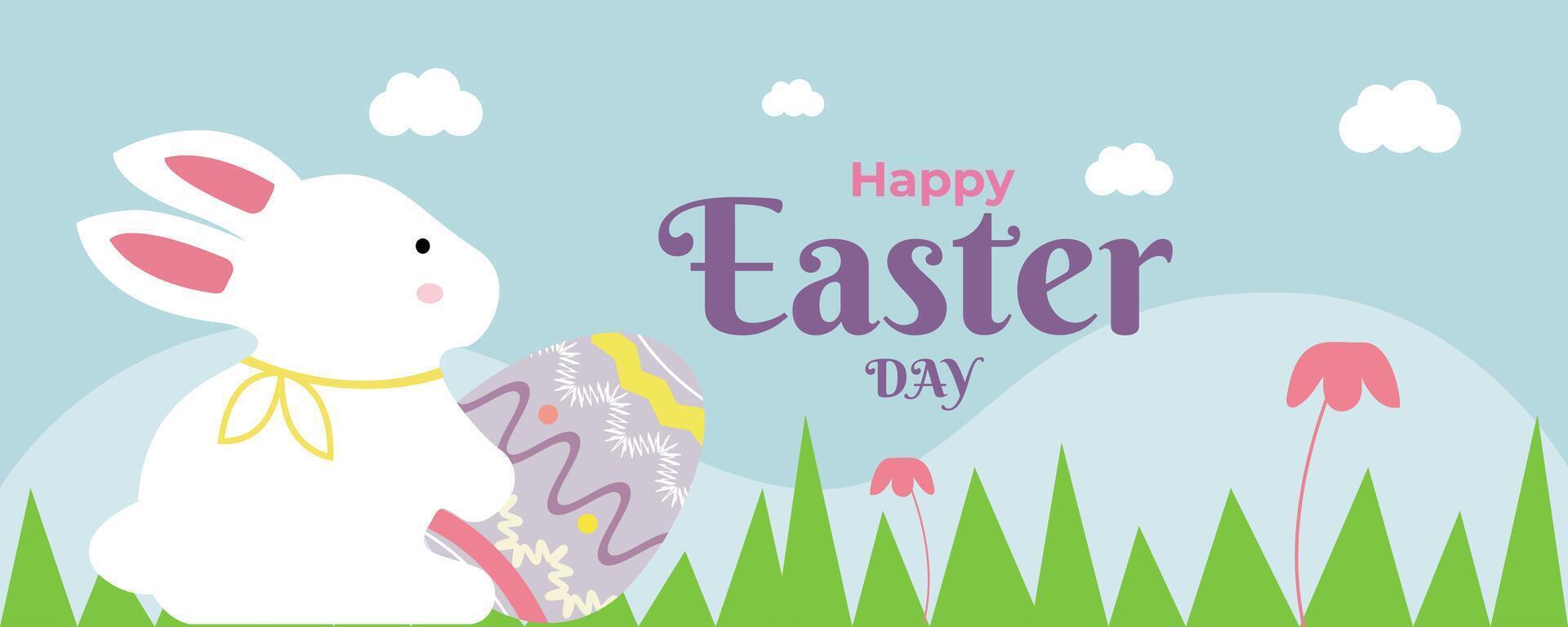 Cute happy easter day bunny egg concept in gardern illustration banner background design vector