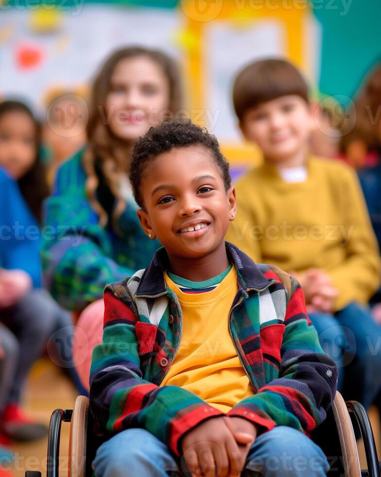 AI Generated An inclusive child in a wheelchair surrounded by friends, embodying the beauty of friendship and inclusivity photo