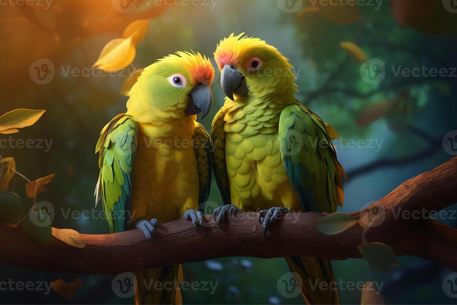 AI generated pare of a colorful parrots in the tropics photo