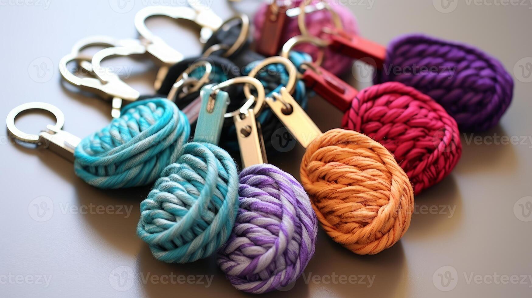 AI generated Colorful yarn wrapped keychains. Generative AI photo
